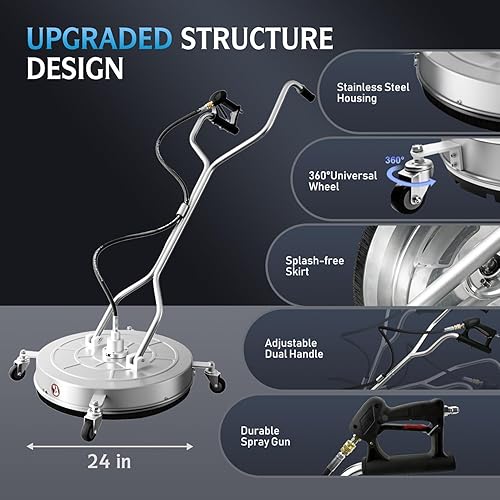 Miniatura 4 de RAYNEL Limpiador de superficie de lavadora a presión de 24 pulgadas con 4 ruedas, mango doble, carcasa de acero inoxidable, 2 adaptadores de