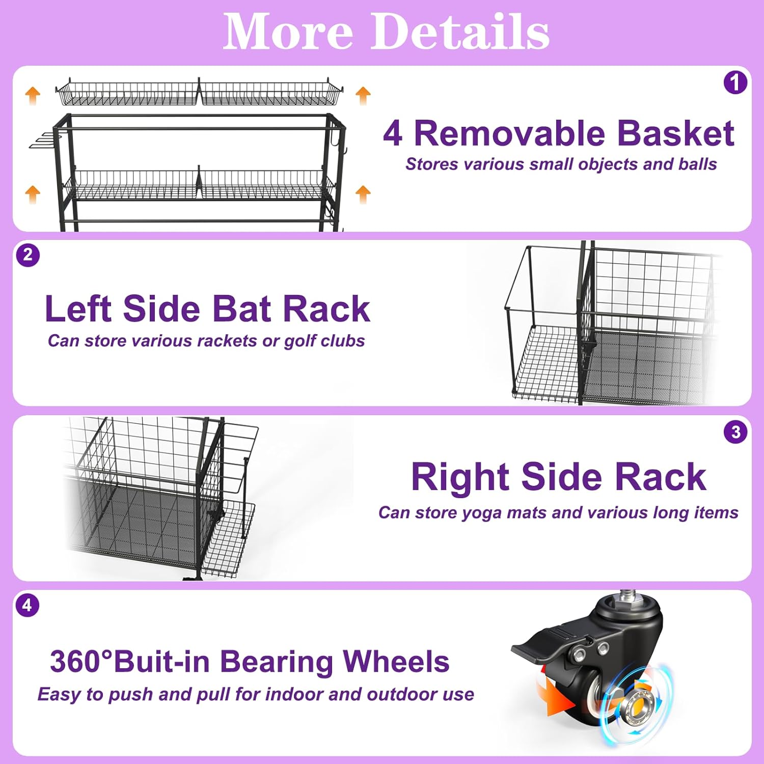 Sports Equipment Organizer, Outdoor Toy Storage - Garage Storage with 2 Side Racks & Removable Baskets, Heavy-Duty Garage Organization Ball Cart with Wheels for Sports