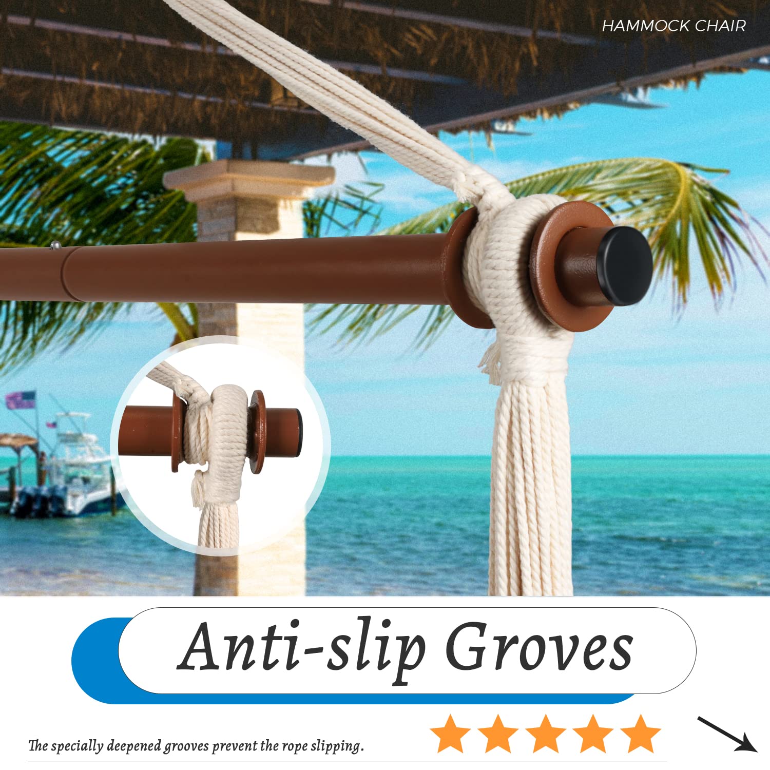 Upgraded Caribbean Hammock Chair with Detachable Metal Bar, Large Hammock Swing Chair, XL Rope Hanging Chair for Outdoor Indoor, 330 LBS Weight Capacity, Seashell