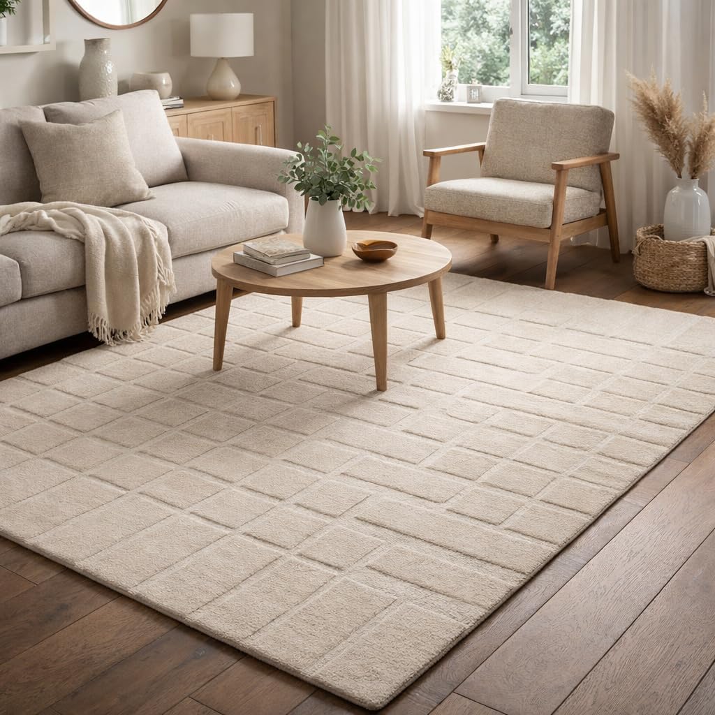 Luxury Hand-Tufted Wool Rug, Modern Beige Geometric Pattern Area Carpet for Living Room, Bedroom & Dining Multiple Popular Sizes 7x10, 6x9, 8x10, 9x12