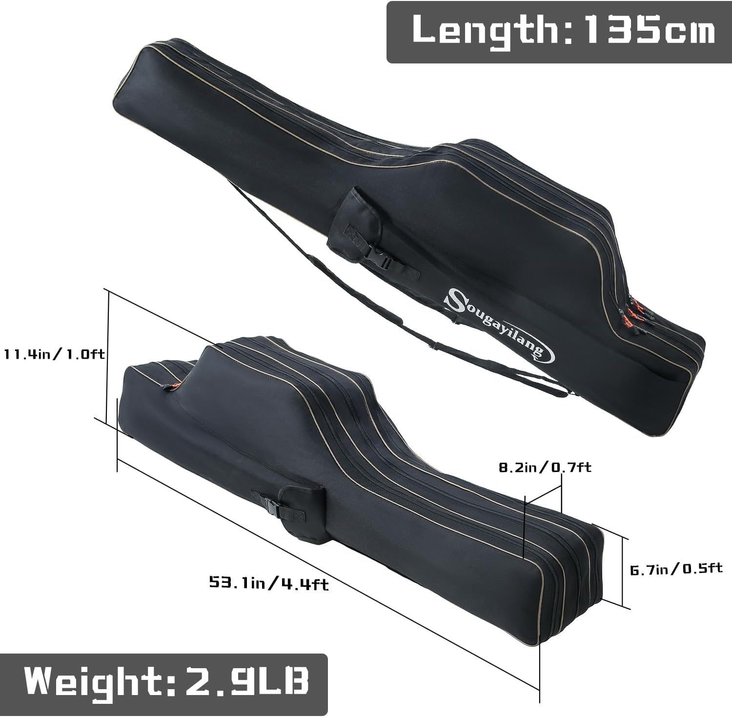 Sougayilang Fishing Rod Case, 3 Layers Organizer Pole Storage Bag Fishing Rod and Reel Carrier Organizer for Travel-135cm/53in-Black