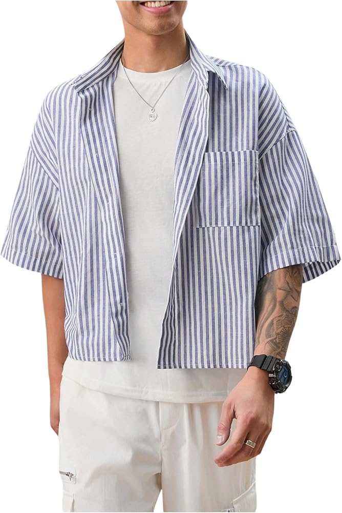 ジャケット・アウター GOD ONLY KNOWS CROPPED STRIPED SHIRT Amazon.com: GORGLITTER Men's Striped Boxy Copped Shirt Pocket
