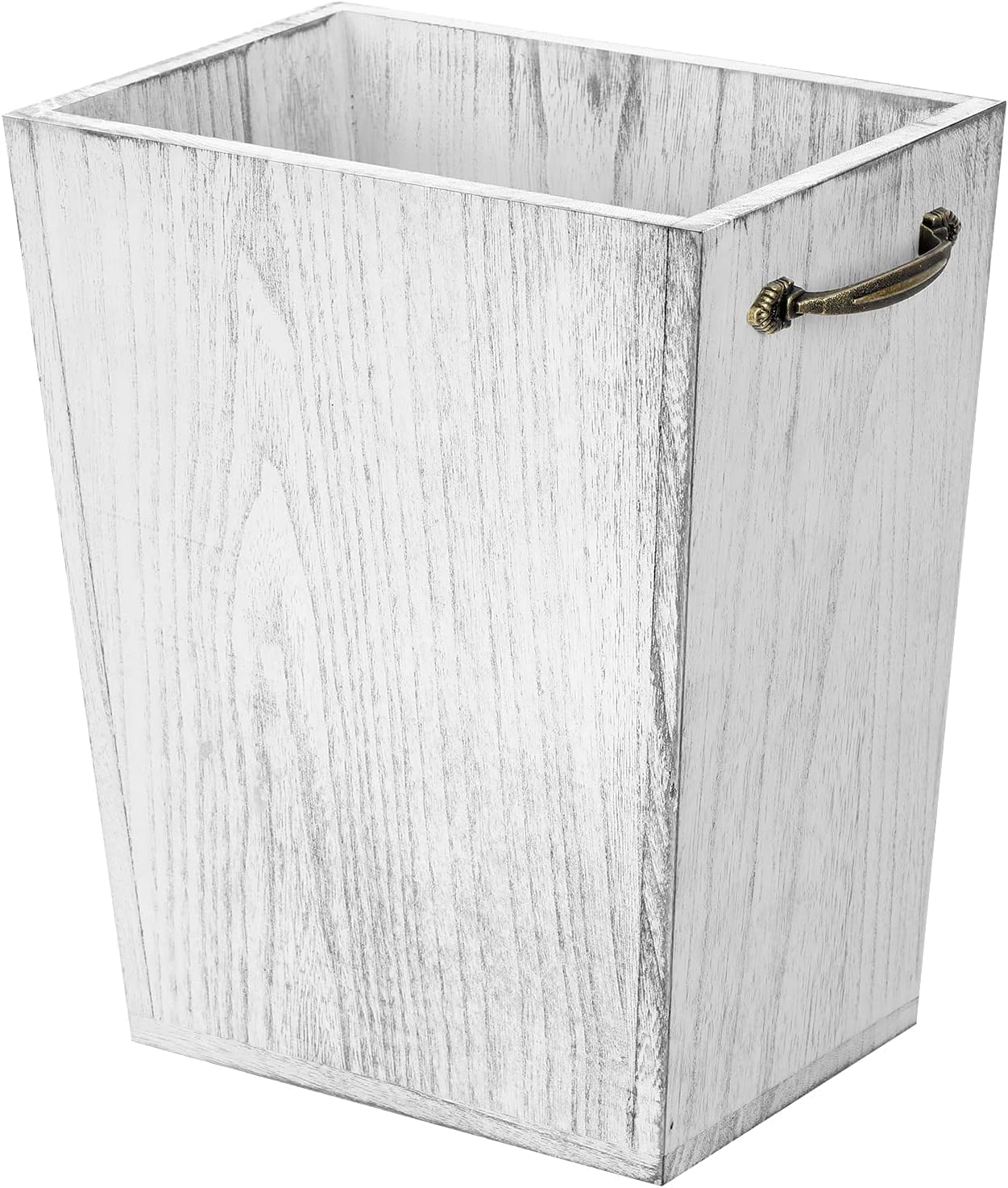 Wood Wastebasket Trash Can Rustic Farmhouse Square Garbage Container Bin with Decorative Metal Handle for Bedroom, Living Room, Bathroom & Office