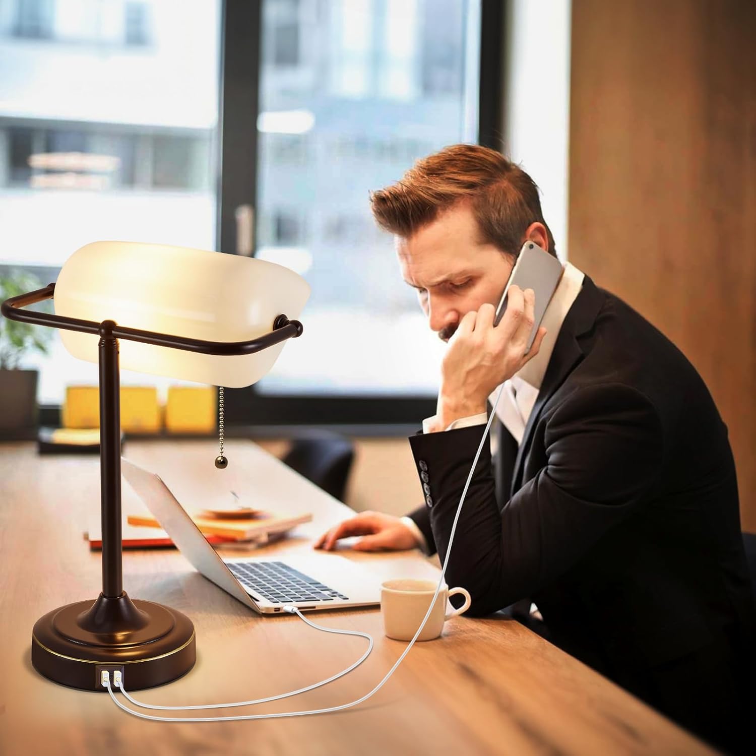 Vintage Desk Lamp Bankers Lamp - Plastic Lampshade Brown Retro Table Lamp with USB & Type C Charging Ports Traditional Library Lamp for Home Office Bedroom Nightstand Side Table Lamp(Bulb Included)