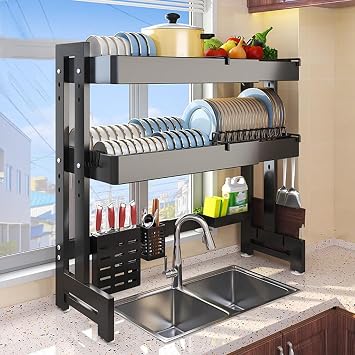 Expandable Adjustable Dish Drying Rack Over Sink, Kitchen Storage Rack, 3-Level Height,for Most Kitchen Sinks Space-SavingDouble-Layer