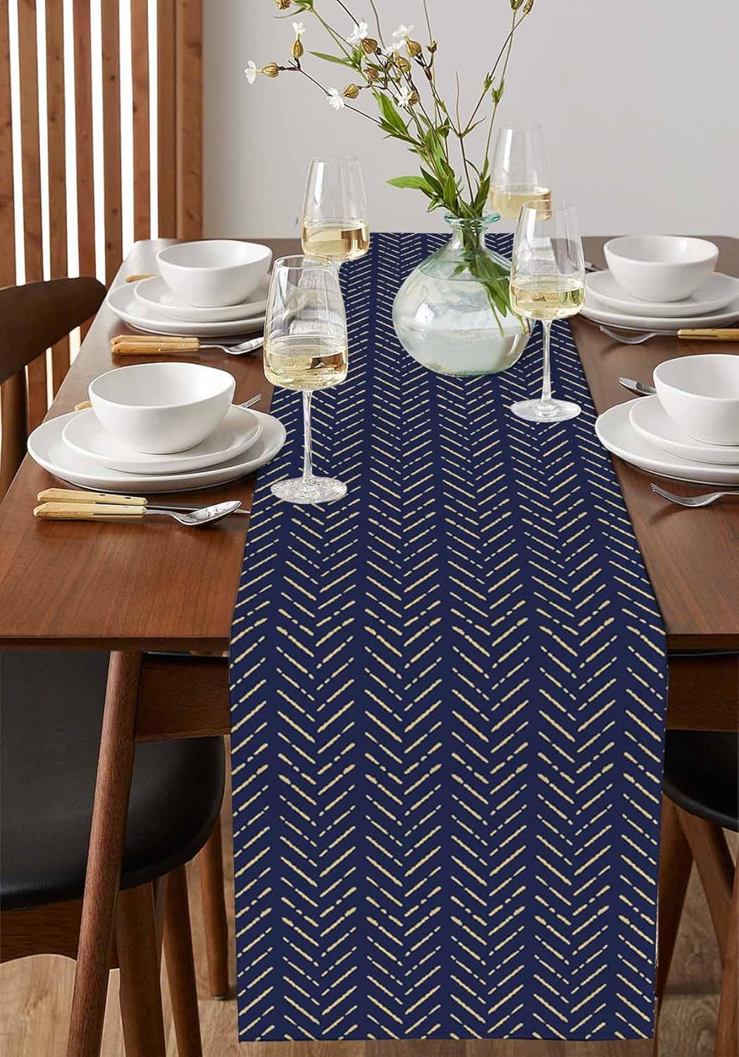 Navy Blue Gold Striped Table Runner-Cotton Linen- 90 Inch Holiday Dresser Scarves, Contemporary Minimalist Boho Geometric Tablerunner for Kitchen Coffee/Dining Living Room Dinner Scarf Décor 13x90