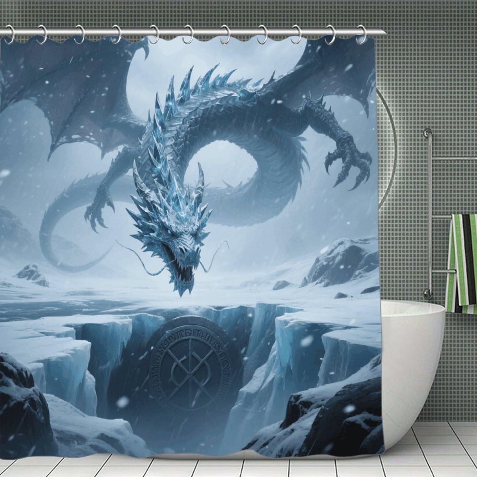VstaDank Ice Dragon Shower Curtain Waterproof Bathroom Shower Curtain with C Type Hooks Soft Lightweight Shower Curtains Liner Washable Polyester Cloth Shower Liner 71x71 Inch