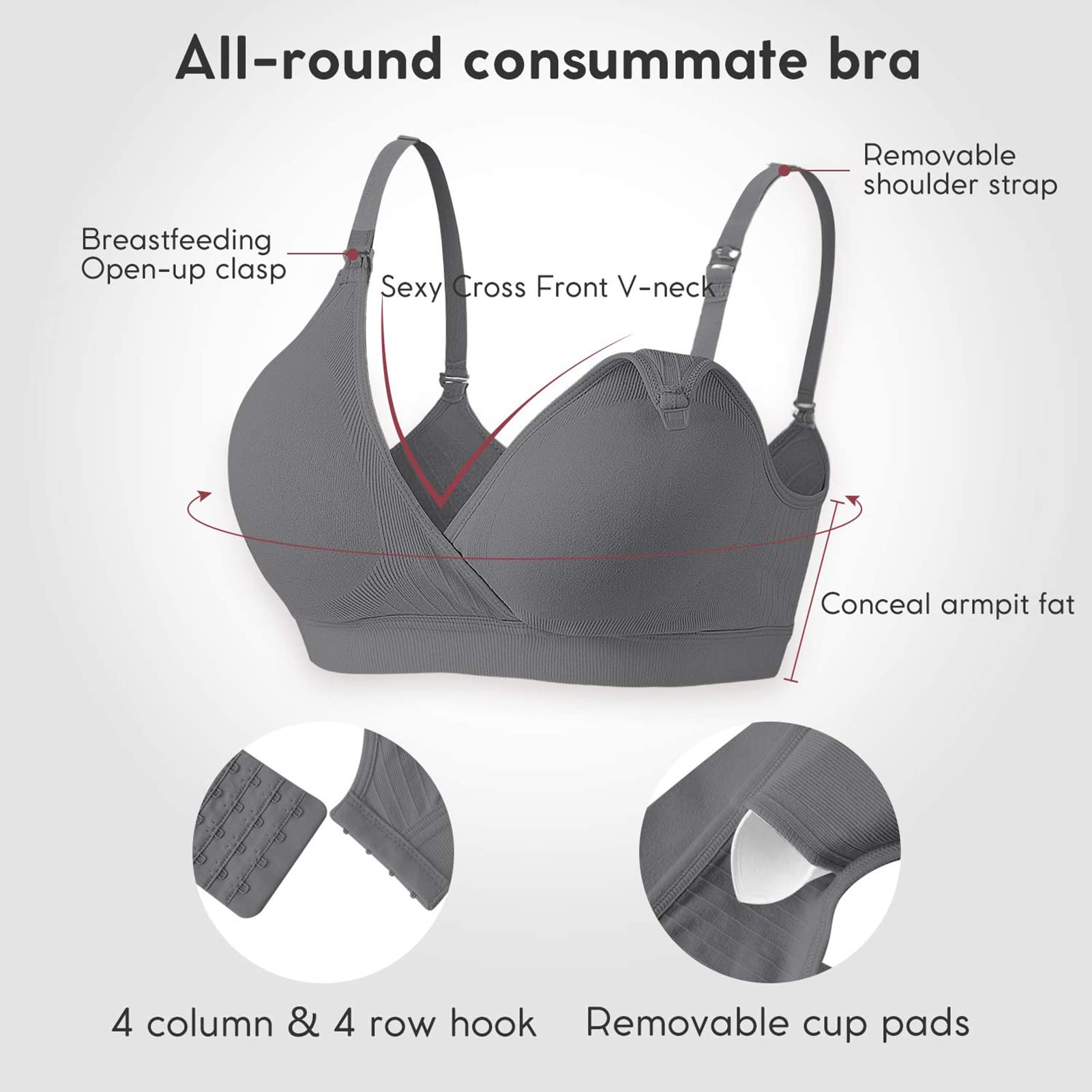 Vinfact Set da 3 Reggiseni Allattamento Senza Cuciture Reggiseno Premaman Cotone Morbido con Imbottito Reggiseno Gravidanza Senza Ferretto, Design Sexy con Scollo a V