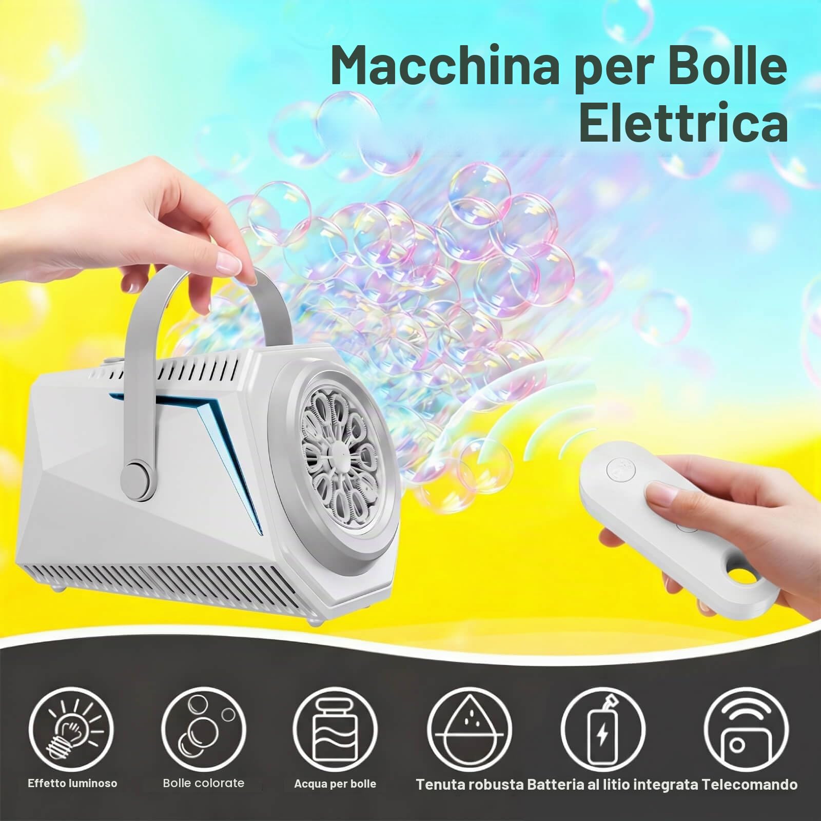 Macchina Bolle con Telecomando – Rotazione Auto 150°, 10 Fori 7000+ Bolle, Luce RGB, Batteria 1800mAh Type-C, Grande Serbatoio – Per Matrimonio, Compleanno, Festa all'Aperto