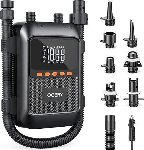 OGERY Paddle Board Electric Pump, 3X Faster Inflation & Deflation, Dual Power SUP Pump with Smart Auto-Off, Up to 20 PSI, Digital Pressure Display, 7 Nozzles for SUP Kayaks Tents Air Mattresses Boats
