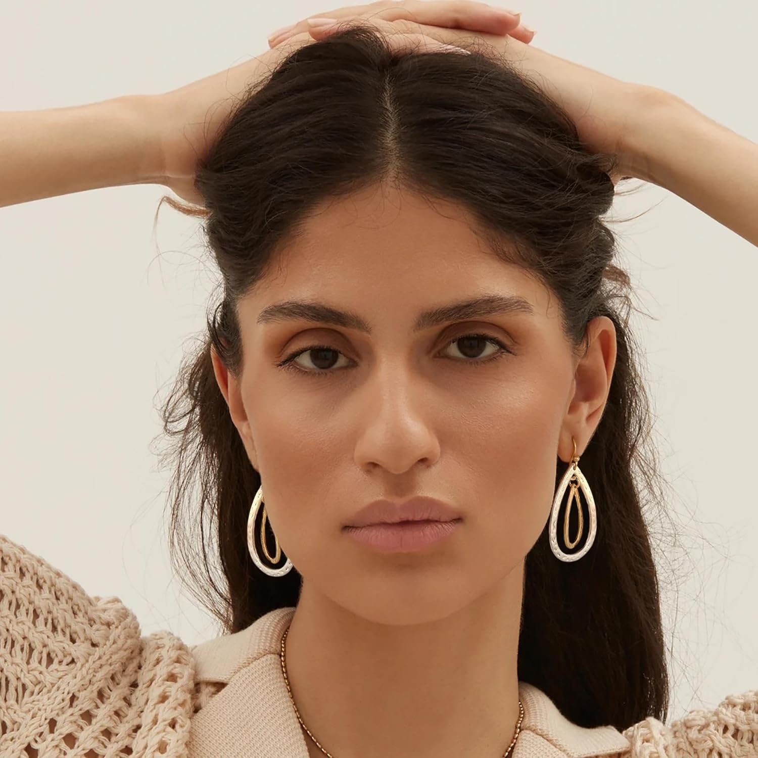 Two Toned Dangle Earrings for Women Gold and Silver Hoop Dangling Earrings - Image 2