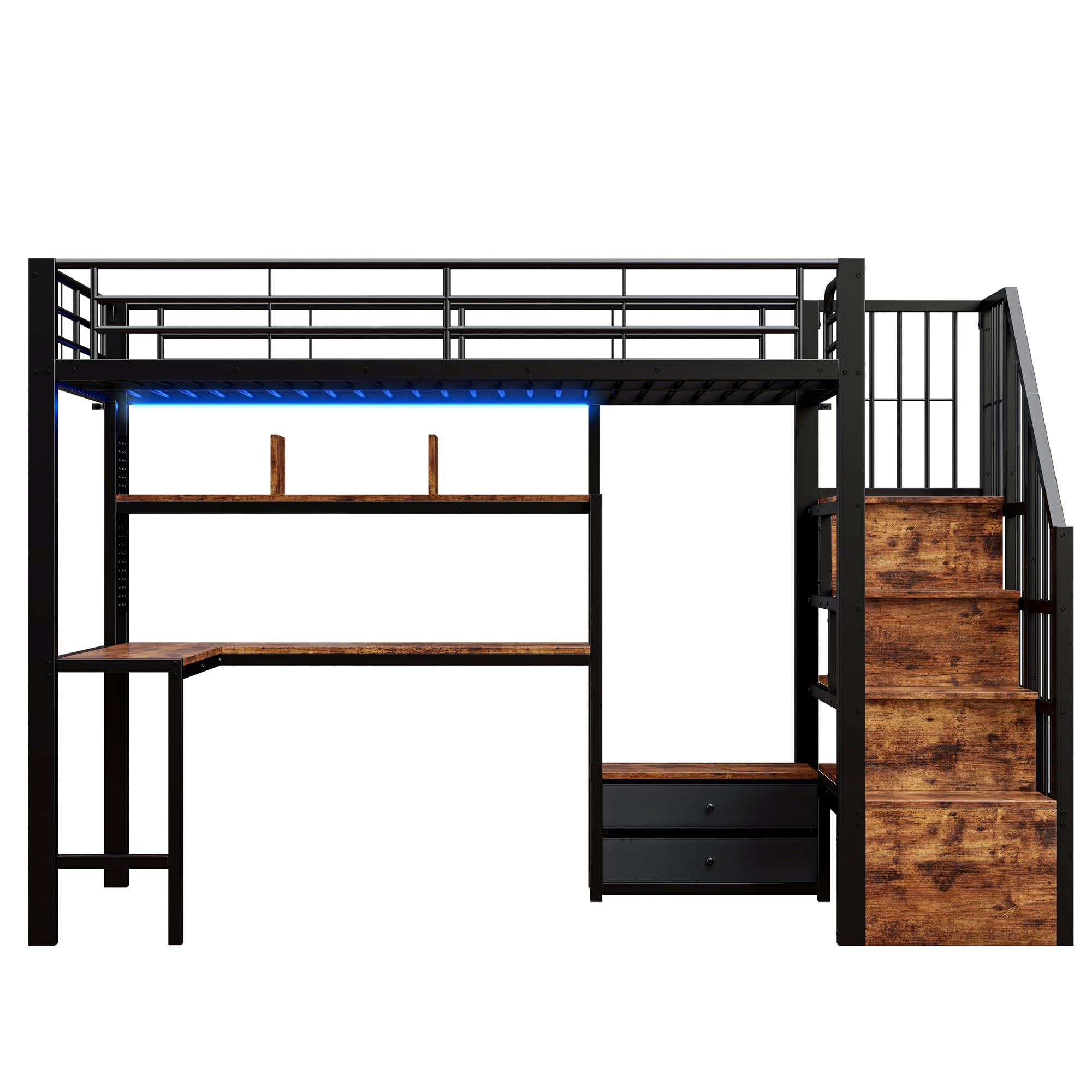Łóżko piętrowe 90 x 200 cm, metalowe łóżko z 2 szufladami, łóżko młodzieżowe, rama łóżka z listwą świetlną LED, biurko, łóżko z miejscem do przechowywania (bez materaca), czarne