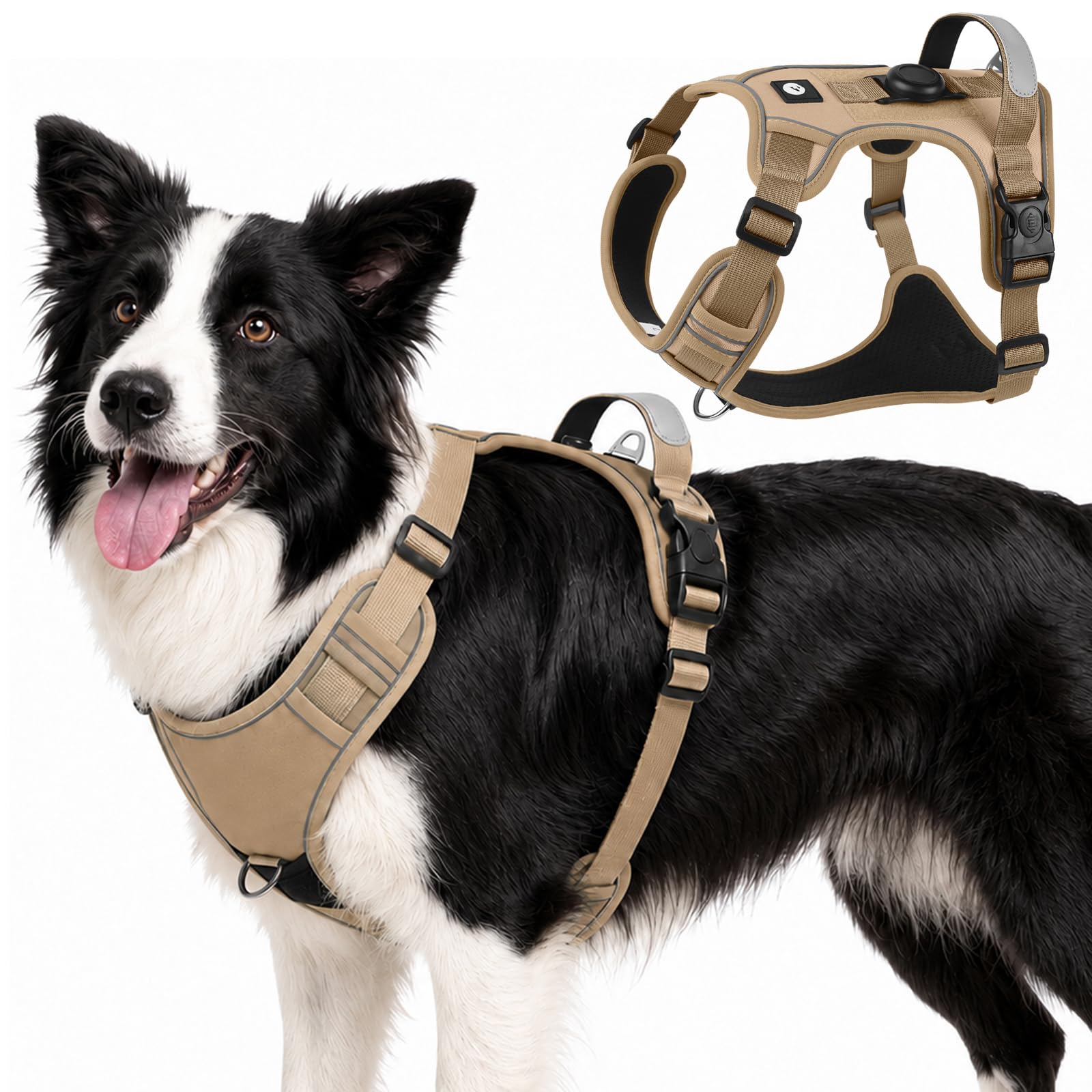 Olcyren No Pull Dog Harness with AirTag Holder, Adjustable Anti Pull Soft Padded Dog Harness with Front Clip, Reflective No-Choke Pet Vest Harness with Handle for Small Medium Large Dogs (Khaki, L) — image 1