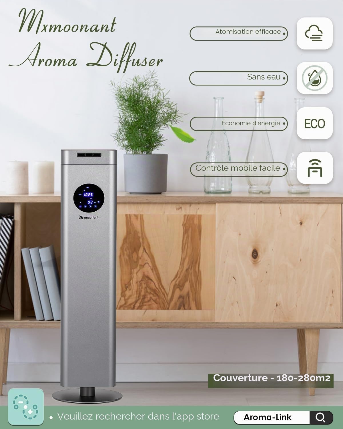 Mxmoonant Machine à Parfum sans Eau, Flacon 1500ml | Contrôle App/WIFI, 3000m³, écran tactile, boîtier aluminium, pour bureau/restaurant/hôtel