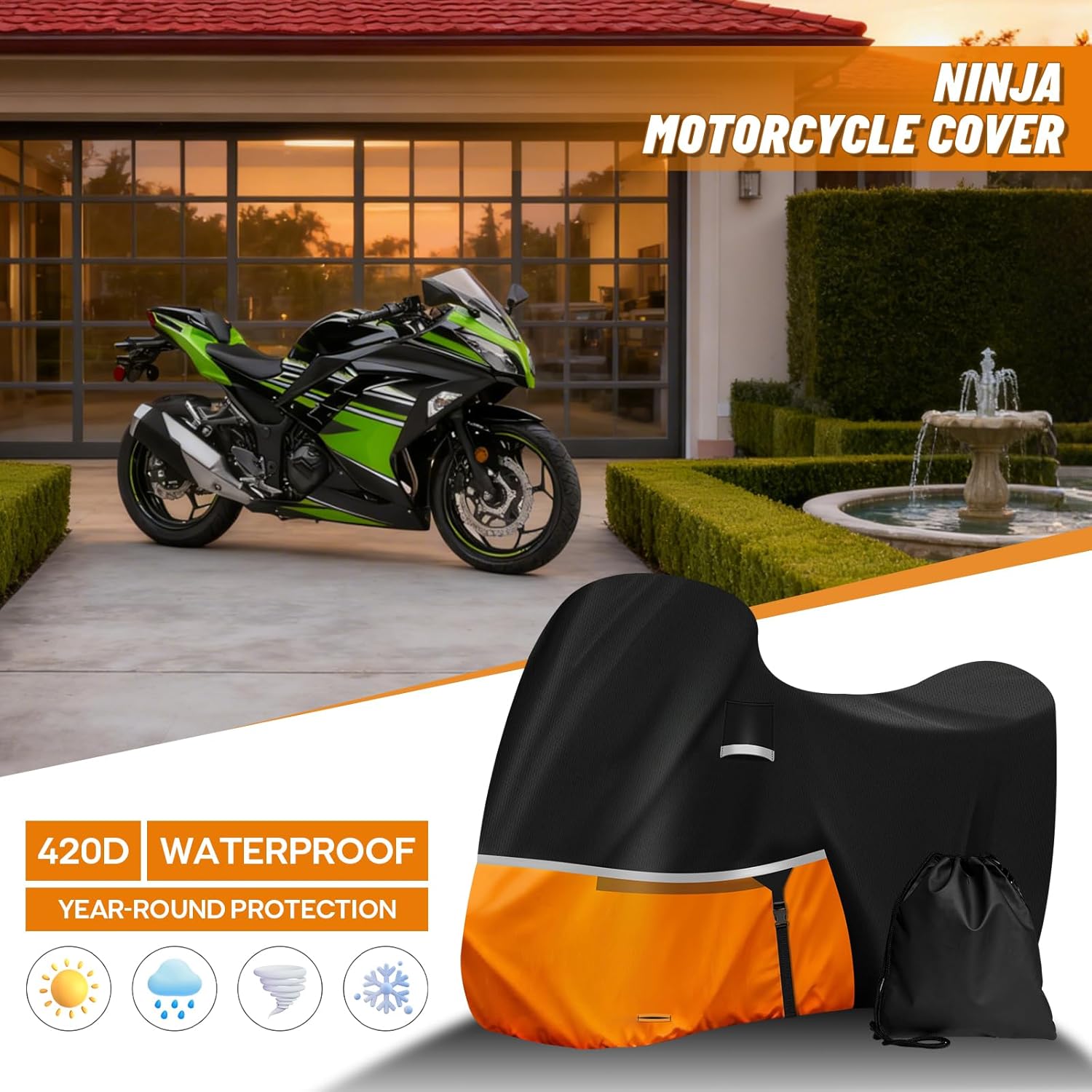 Waterproof Motorcycle Cover for Kawasaki Ninja 400/500/650 Z900 ZX6R (No Trunk Models), 420D Oxford Cloth Heavy Duty Motorbike Cover for Snow Rain UV Dust All Weather Outdoor Protection