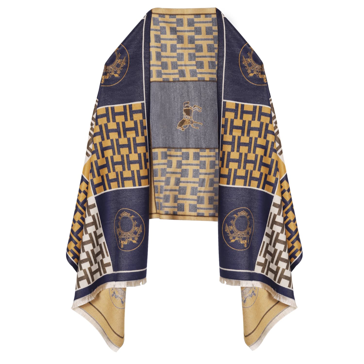 EXTREE Scarfs for Women Pashmina Silky Shawl Wrap for Evening Dressing Horse Scarf Blanket Open Front Poncho Cape, 001-yellow-blue, Medium