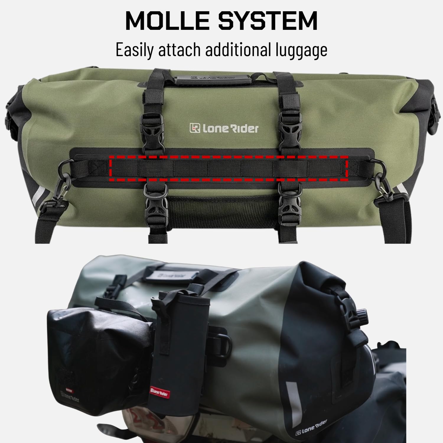 Explorer Wodoodporna torba marynarska, 50 l, motocyklowy, pyłoszczelny, zwijany, na kemping, kajakarstwo, żeglarstwo, 600D, TPU, spawane szwy, zawór powietrza, panele MOLLE, paski do szybkiego