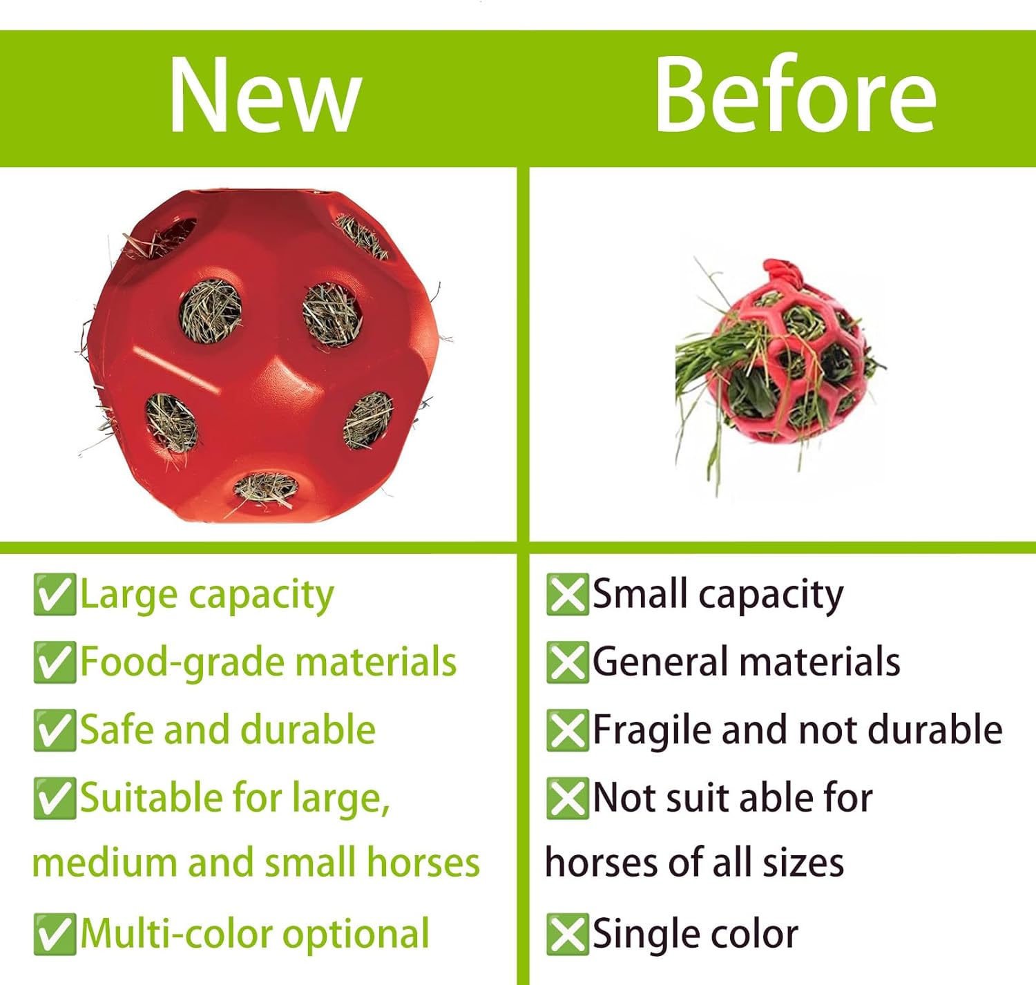 Hay Ball for Horses, 15.75" Large Capacity Hay Feeder for Horses, Slow Feeding Design Horse Treat Ball, Safe Durable Horse Stall Toys, Slow Feeder Ball for Stalls, Ranches, Pastures(Green)