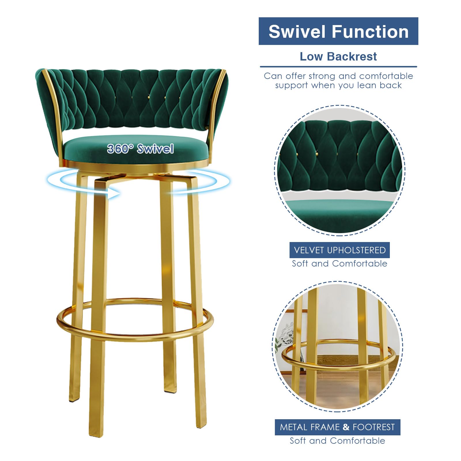 Set di sgabelli da bar moderni in velluto verde girevole, 1/2/3/4, sedie imbottite con schienale intrecciato e gambe a D, altezza 75 cm, per cucina, sala da pranzo e bar di casa
