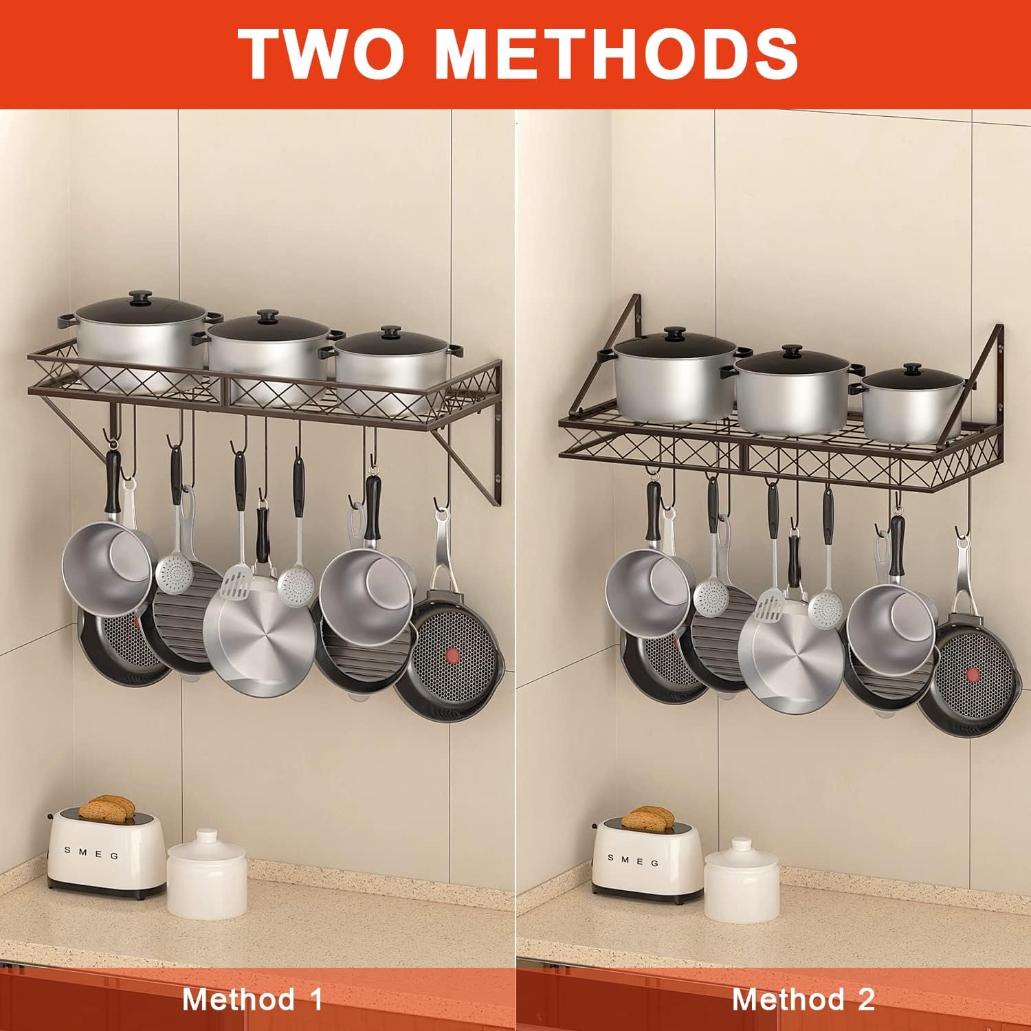 Wall Mount Pot Pan Rack, Saucepan Hanging Racks Utensils Hanging Shelf, Pan Racks for kitchen, Metal Cookware Organiser with 10 Hooks, Bronze