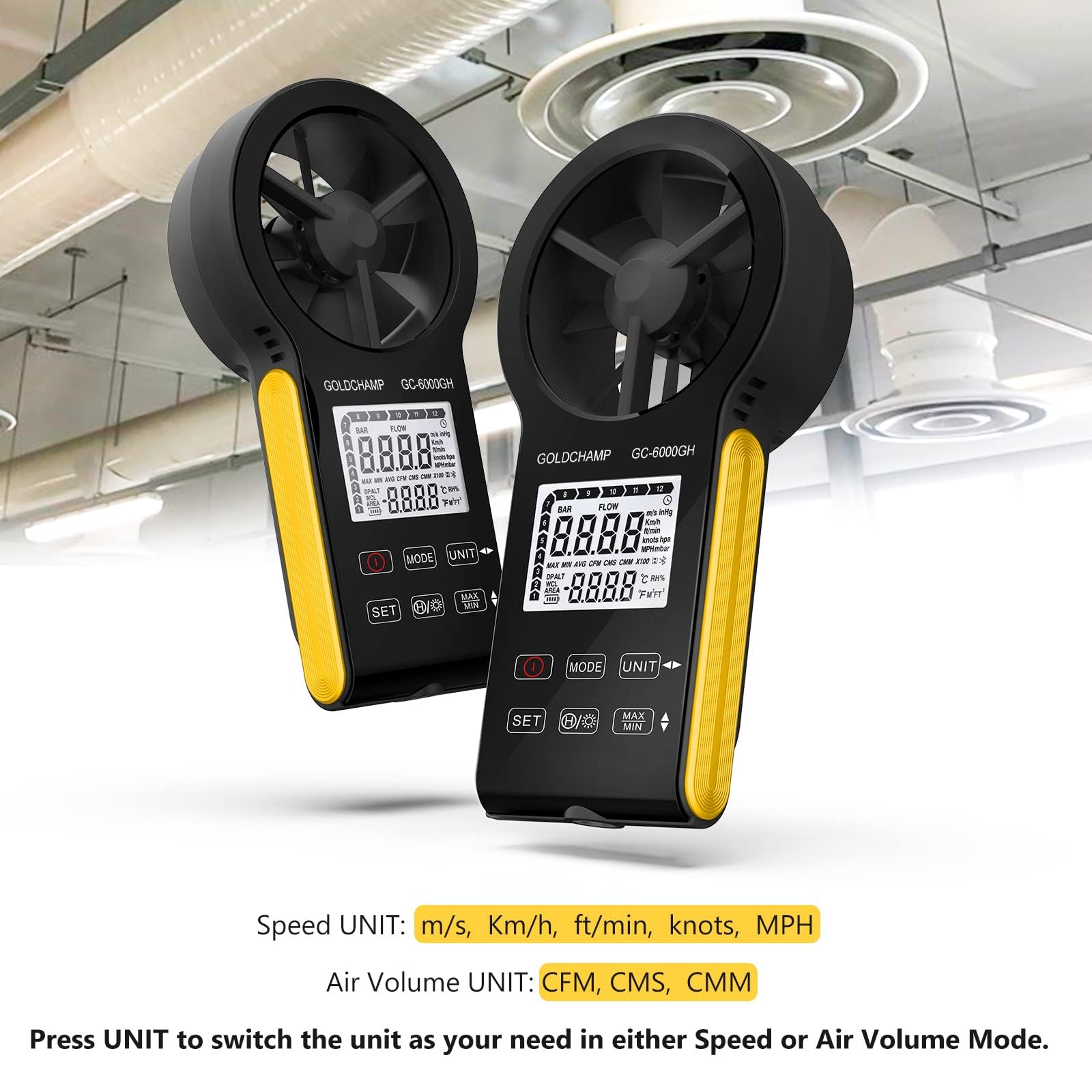 Anemometro digitale, CFM, ricaricabile e impermeabile, misura la velocità del vento (0,3 ~ 30 m/s), volume d'aria (0-999900 ft3/min), touch screen, display retroilluminato per HVAC, tiro
