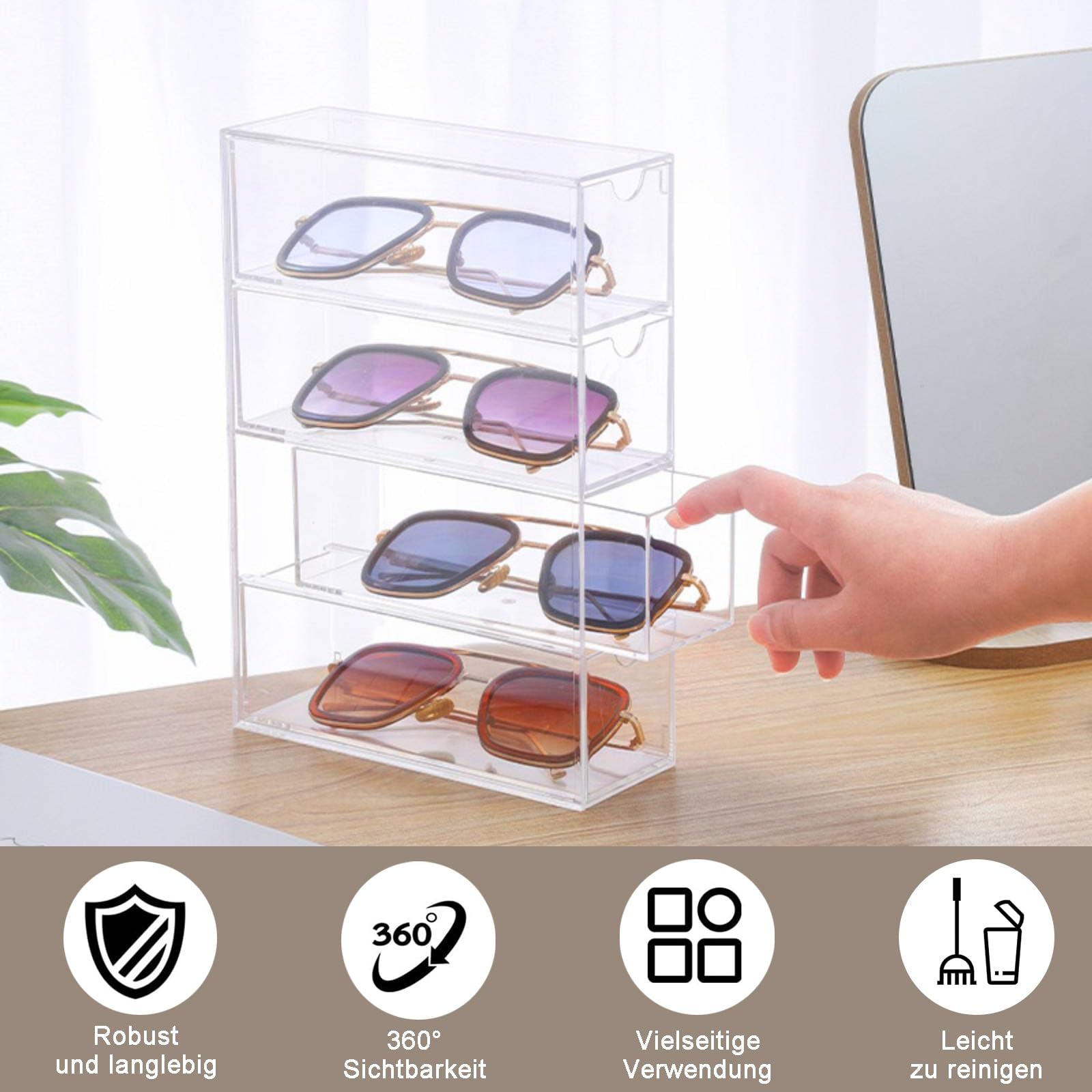 Caja Organizadora Acrílica Para Gafas De Sol - 4 Cajones Transparentes, Apilable, 24.6x17.5x6.5 Cm, Ideal También Para Relojes Y Joyas