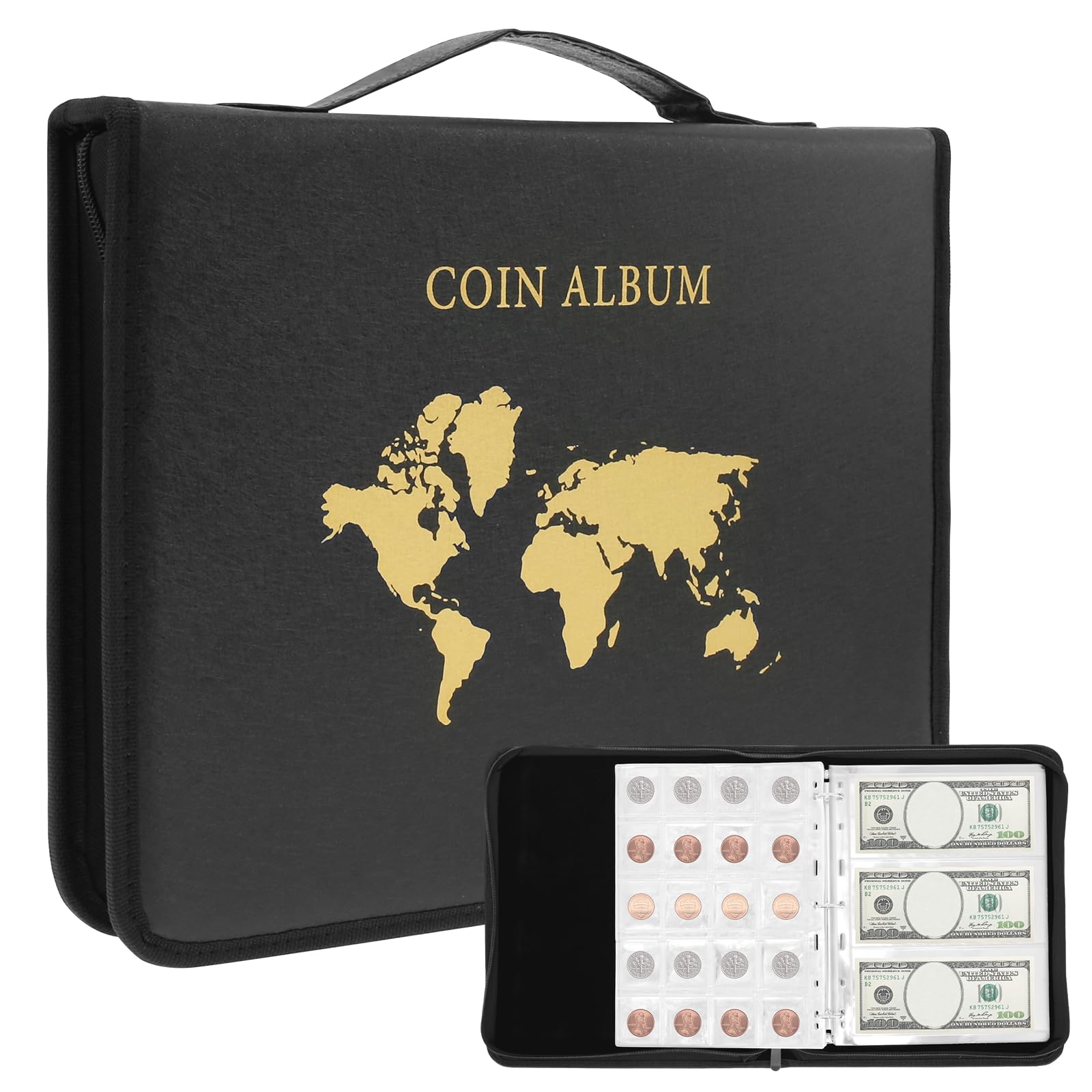 Coin Collection Book, Coin Collection Album, Coin Album with 200 Coin Pockets and 30 Paper Money Pockets Fireproof Coin Collection Album Waterproof Coin Collection Holder for Pennies Quarters