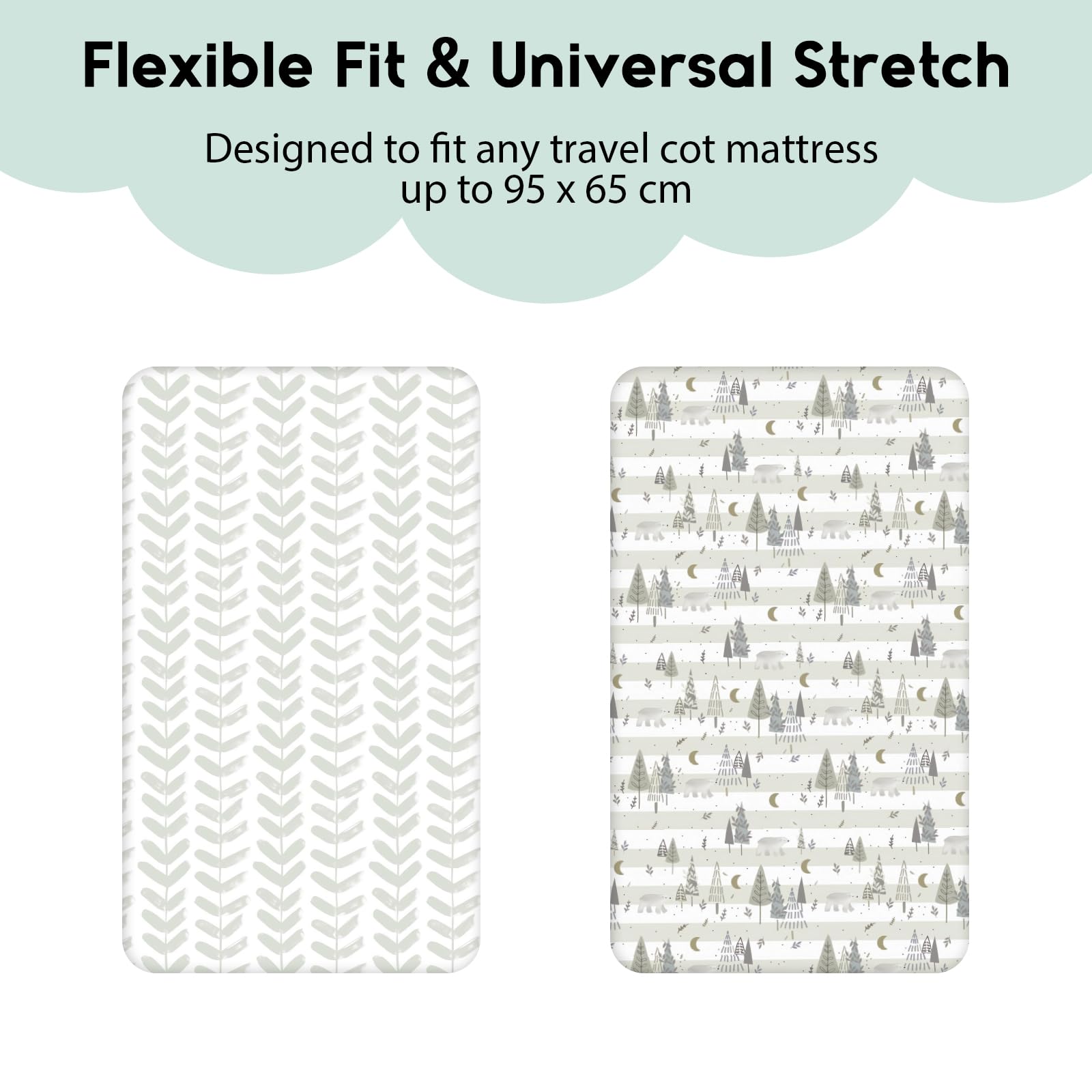 Yoofoss Travel Cot Sheets 95 x 65cm - Fitted, Cozy & Breathable Mattress Sheets - Elasticated 2 Pack Grey Forest - Image 3