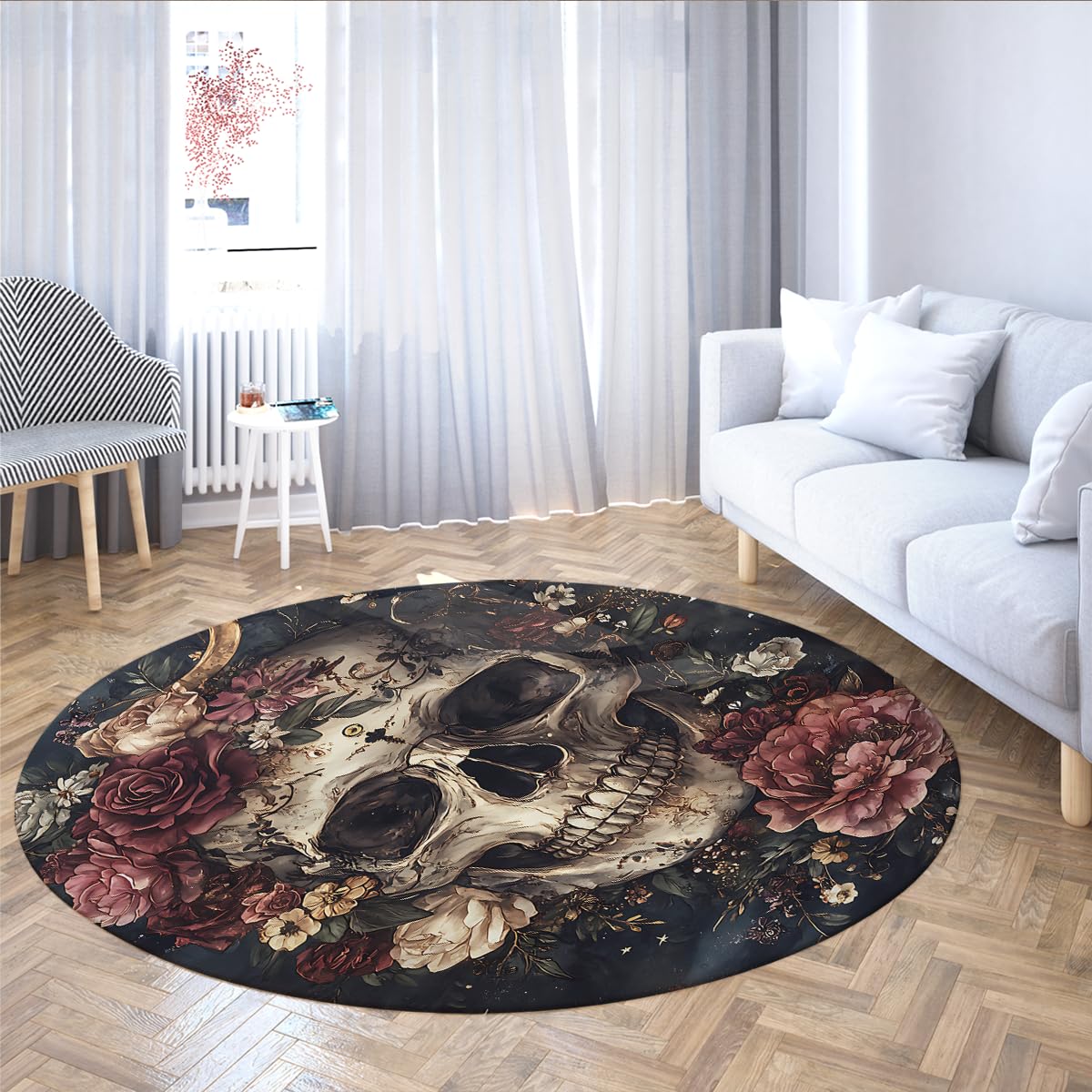 Tapis rond crâne 150cm lavable et antidérapant pour entrée et bureau