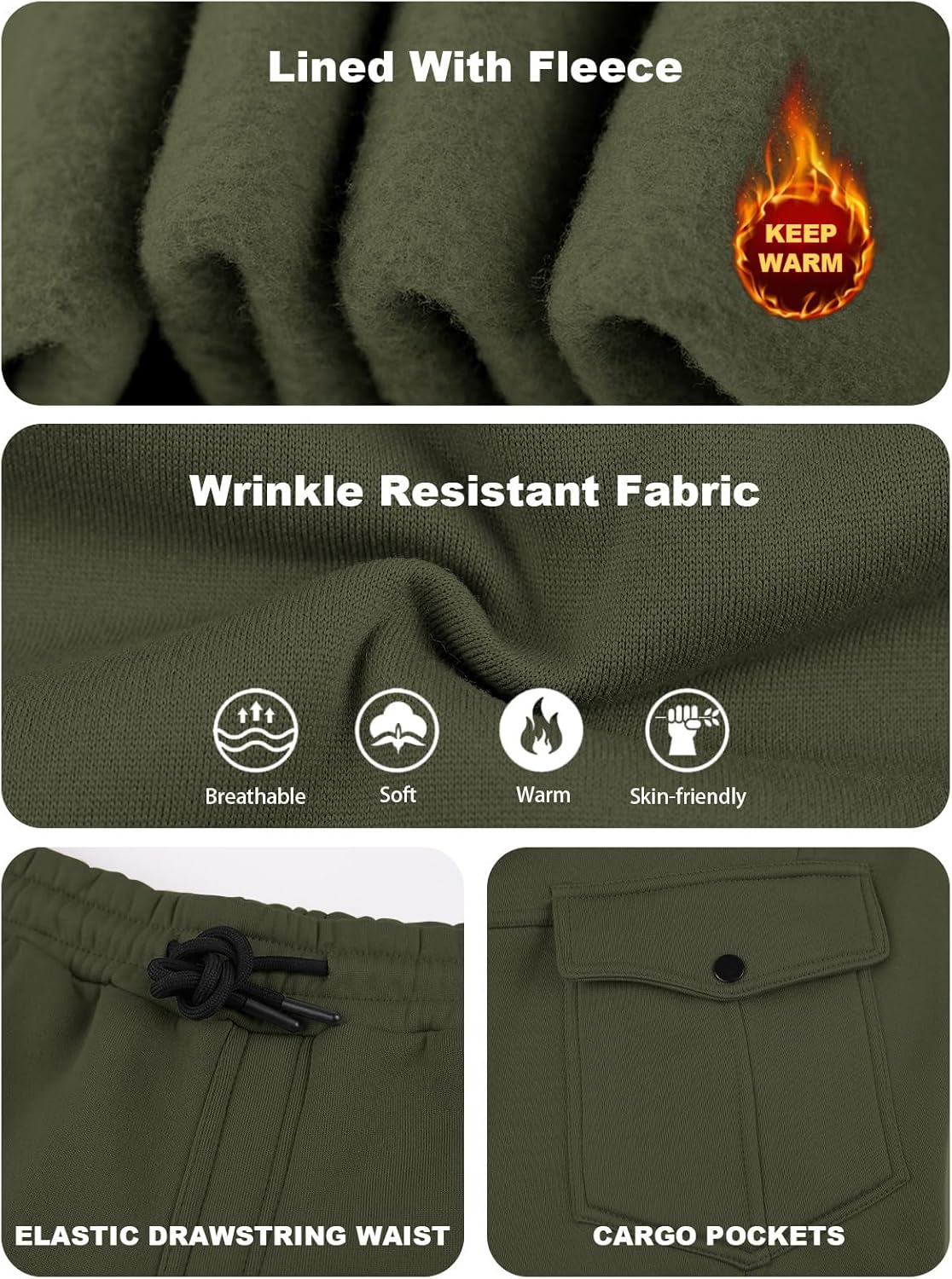 Mens Fleece Cargo Sweatpants Heavyweight Elastic Waist Pants with Pockets Baggy Drawstring Jogger Pants - Image 6