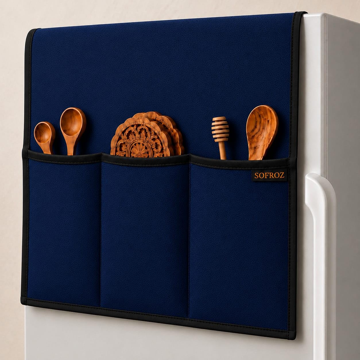 SOFROZ Refrigerator Single Door Waterproof, Dustproof, Protective Cover for Fridges with Extra Storage Space Nylon Top Cover with 6 Storage Pockets (130 x 54 cm) (Navy Blue)