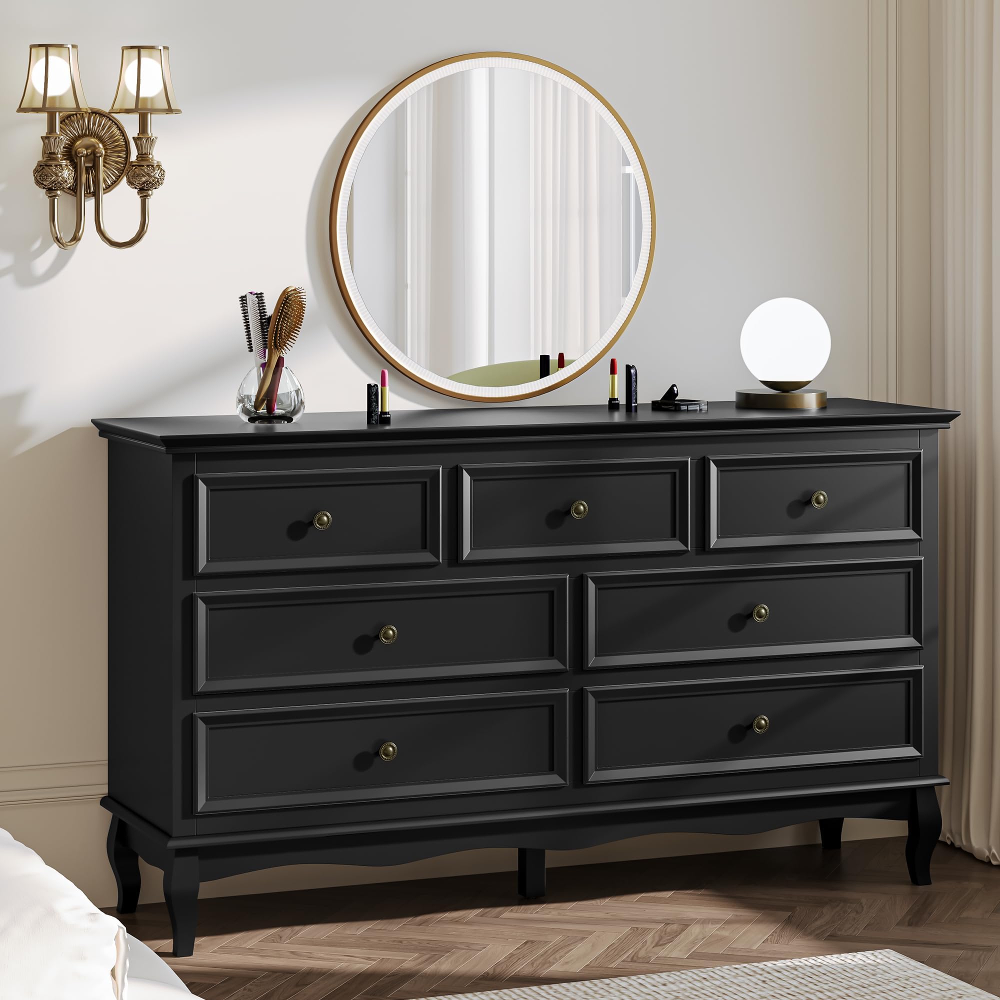 RoyalCraft Dresser for Bedroom, 7 Drawers Dresser with Distinctive Wooden Legs & Black Paint Finish, Black TV Stand with Spacious Storage Space for Bedroom, Hallway