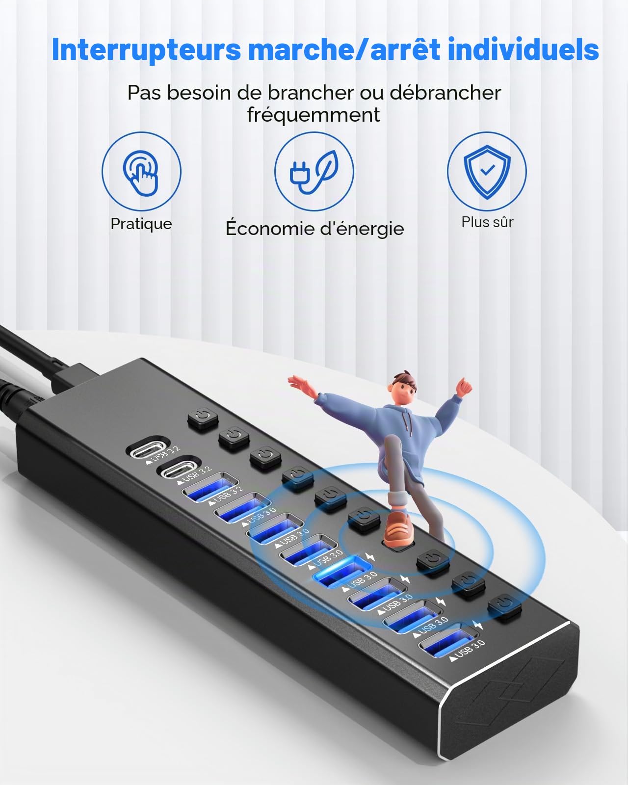 Powered Hub USB 3.2, hub 10 Ports 3.2/USB-C (10 Gbps A 3.2 + 2 C + 7 3.0 Ports) avec interrupteurs Marche/arrêt individuels et Adaptateur d'alimentation 12 V, Protection en Aluminium