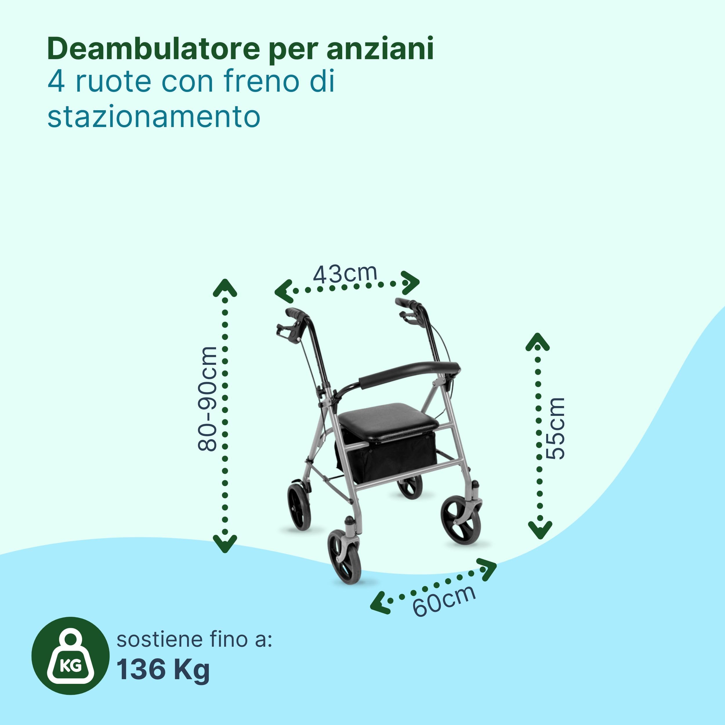 Rollator Deambulatore con Seduta per Anziani e Disabili - Deambulatore per Anziani 4 Ruote Pieghevole con Borsa e Schienale Ribaltabile ed Estraibile