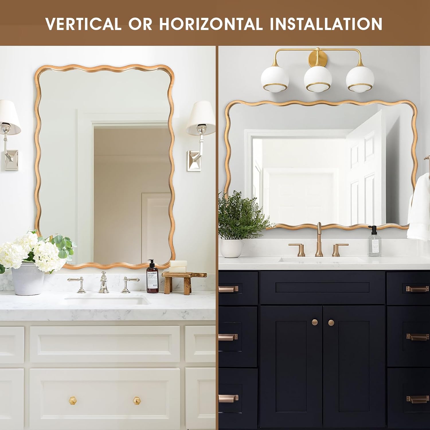 24 * 36 Inch Gold Ripple Rectangle Bathroom Mirror Wall Mounted Large Modern Countryside Suitable for Washroom, Bedroom, Living Room, Entryway
