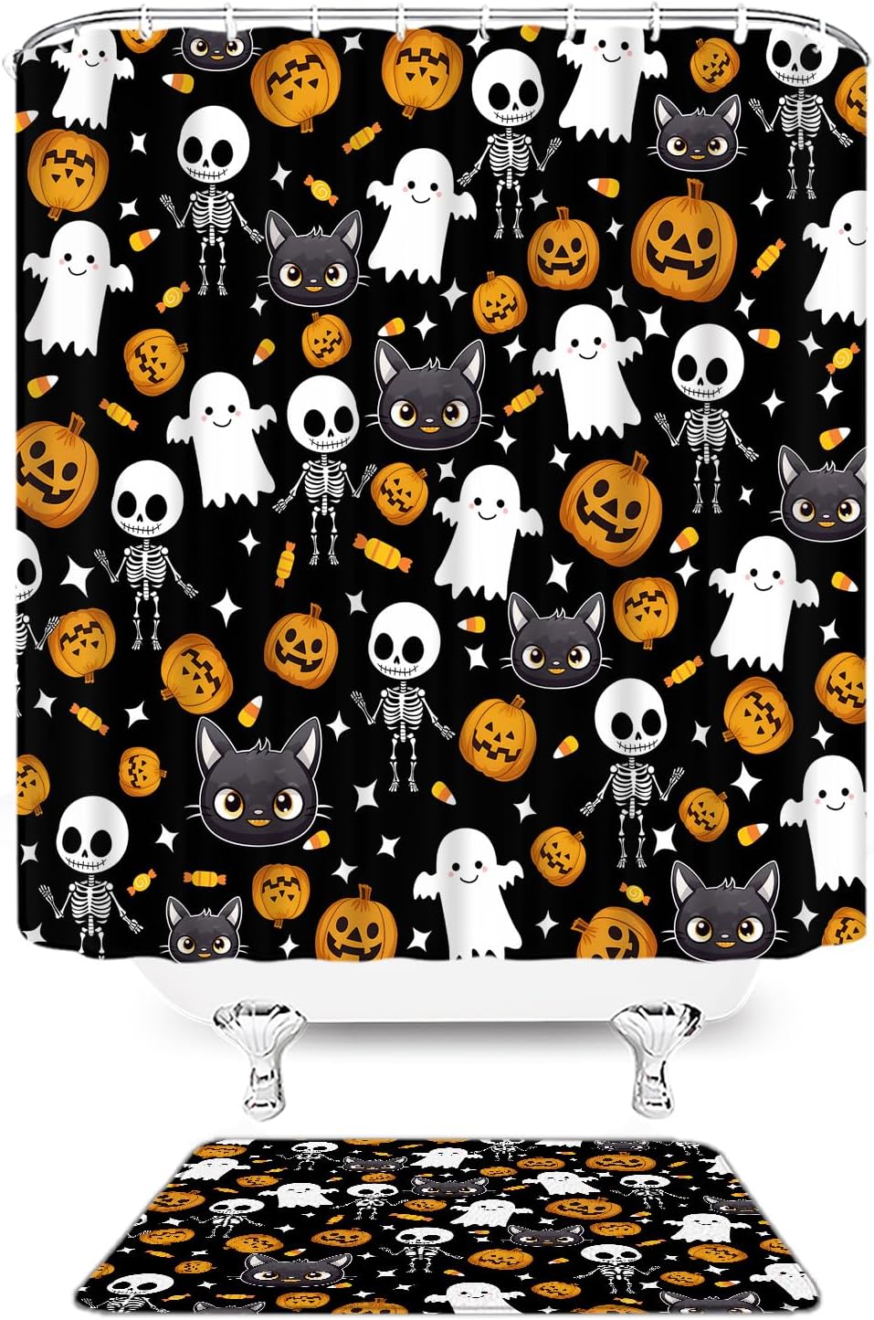 2 Pcs Shower Curtain Set Halloween Bath Mat Funny Skull Ghost Pumpkin Black Cat Bathroom Bedroom Kitchen Rug Soft Memory Foam Backing Bath Mat 18x30 and Shower Curtain 70X70 Inch