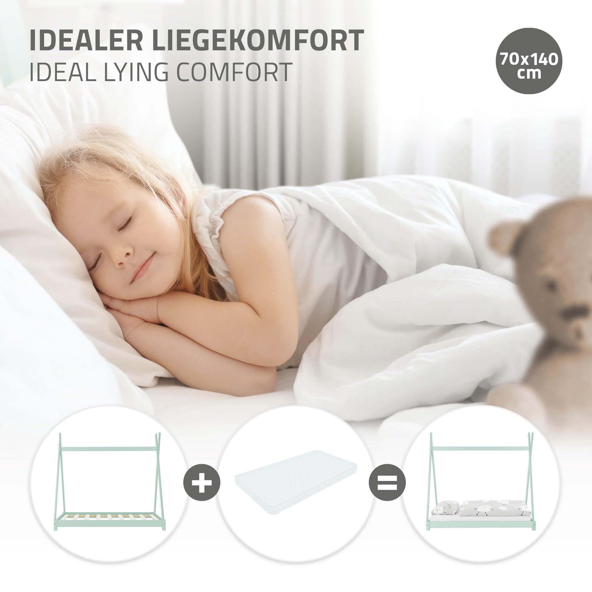 ML-Design Kinderbett Tipi 70 x 140 cm mit Lattenrost, Mint, Indianer Bett aus Massivholz, Hausbett für Mädchen und Jungen, Kinderhaus Jugendbett Holzbett Bettenhaus Spielbett Bettgestell Zelt Holz