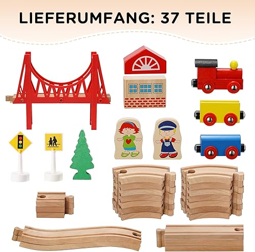 Miniatura 3 de SainSmart Jr. Juego de tren de madera para niños pequeños, pistas de madera de doble cara para Brio, Thomas, Melissa y Doug - Tren de juguete de