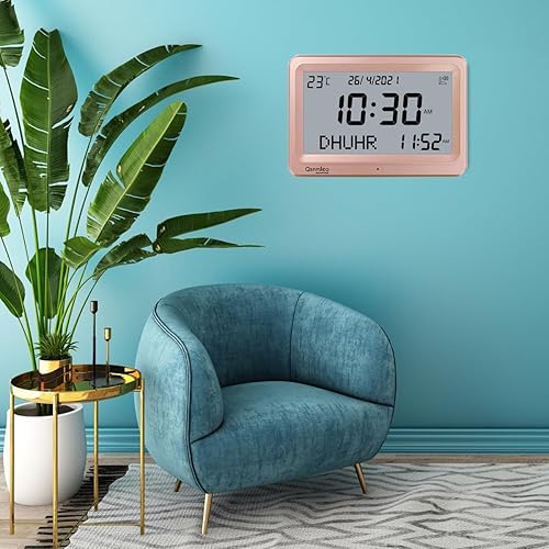 Vista 6 de Azan - Reloj de pared y escritorio islámico con 8 sonidos de oración Azan automático en todo el mundo Dorado