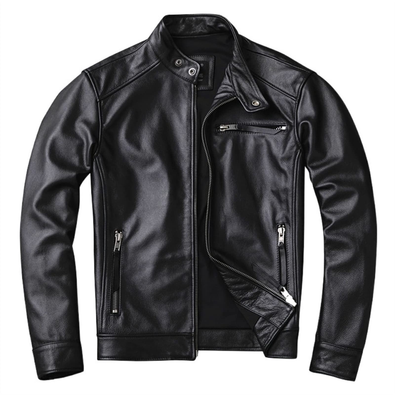 Mens Leather Coats Fashion Stand Collar Bomber Jacket with Full
