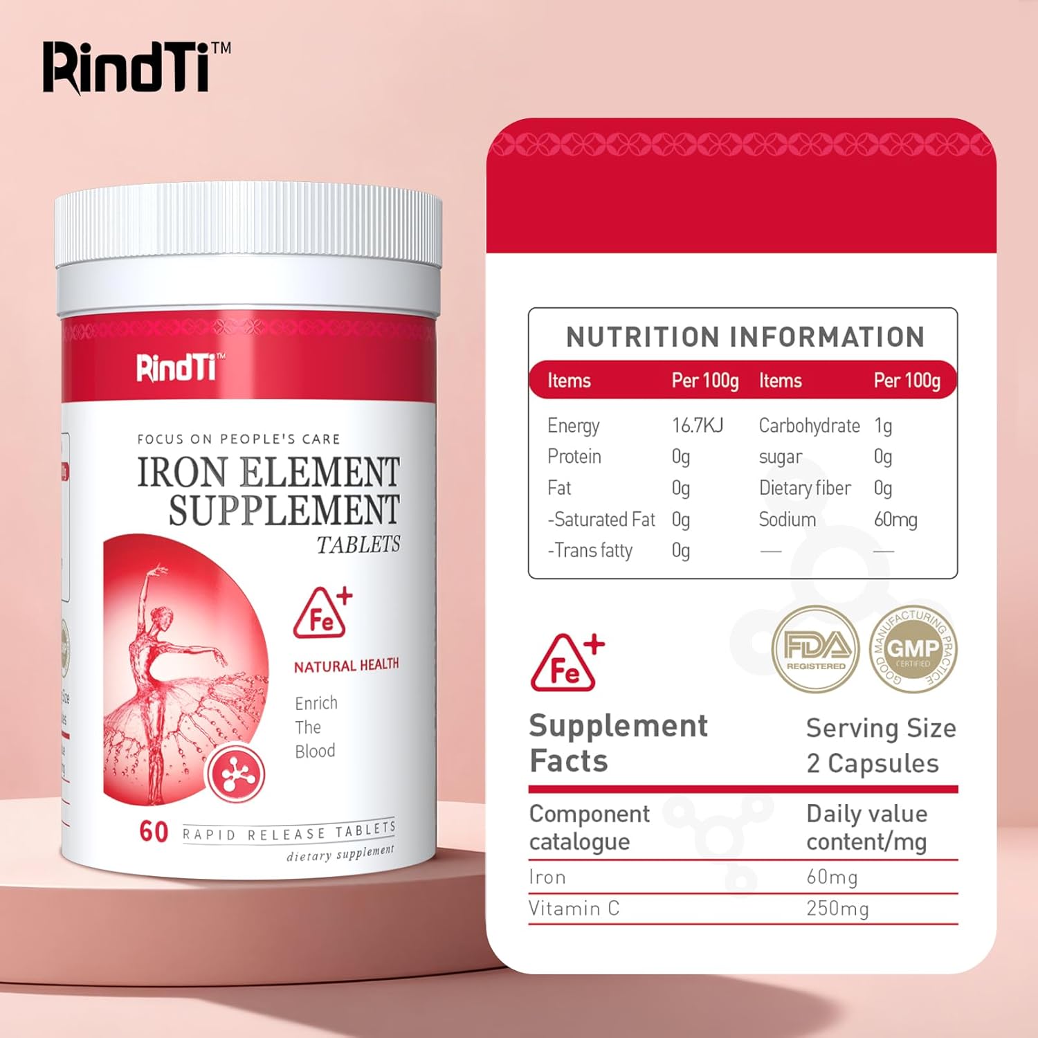 Daily Iron Supplement Tablets, Iron 60 mg with Vitamin C 250 mg, Support The Production of Healthy Red Blood Cells, Gentle Absorption Formula, 60 Servings