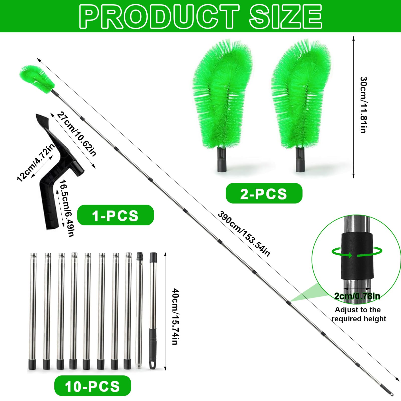 Perche Telescopique Nettoyage Gouttiere 2 en 1, 390 CM Nettoyeur Gouttiere avec 10 Tiges + 2 Têtes+1 Râteau à Feuilles, Perche Telescopique Nettoyage Toiture pour Feuilles, Fenêtres, Toits Descente