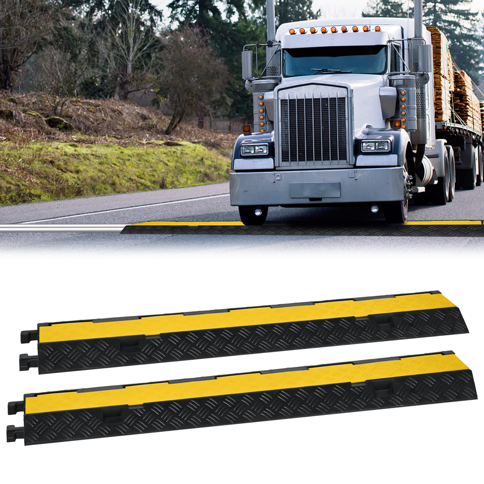 XMTECH Lot de 2 Rampes de Protection de Câble en Caoutchouc - Capacité de Charge 10 000 kg, 2 Canaux, Noir-Jaune, Antidérapant - pour Parkings, Chantiers de Construction