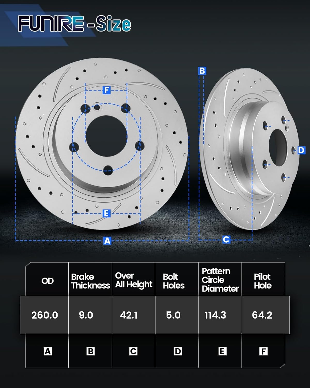 Rear Geomet Discs Kit Compatible With 2006-2015 Honda Civic(Disc ONLY, NOT Drum Brake), 1997-2001 Prelude, Drilled & Slotted Rotors 260mm(10.2in) Automotive Brake Kits 31420 D537-7418A Pads
