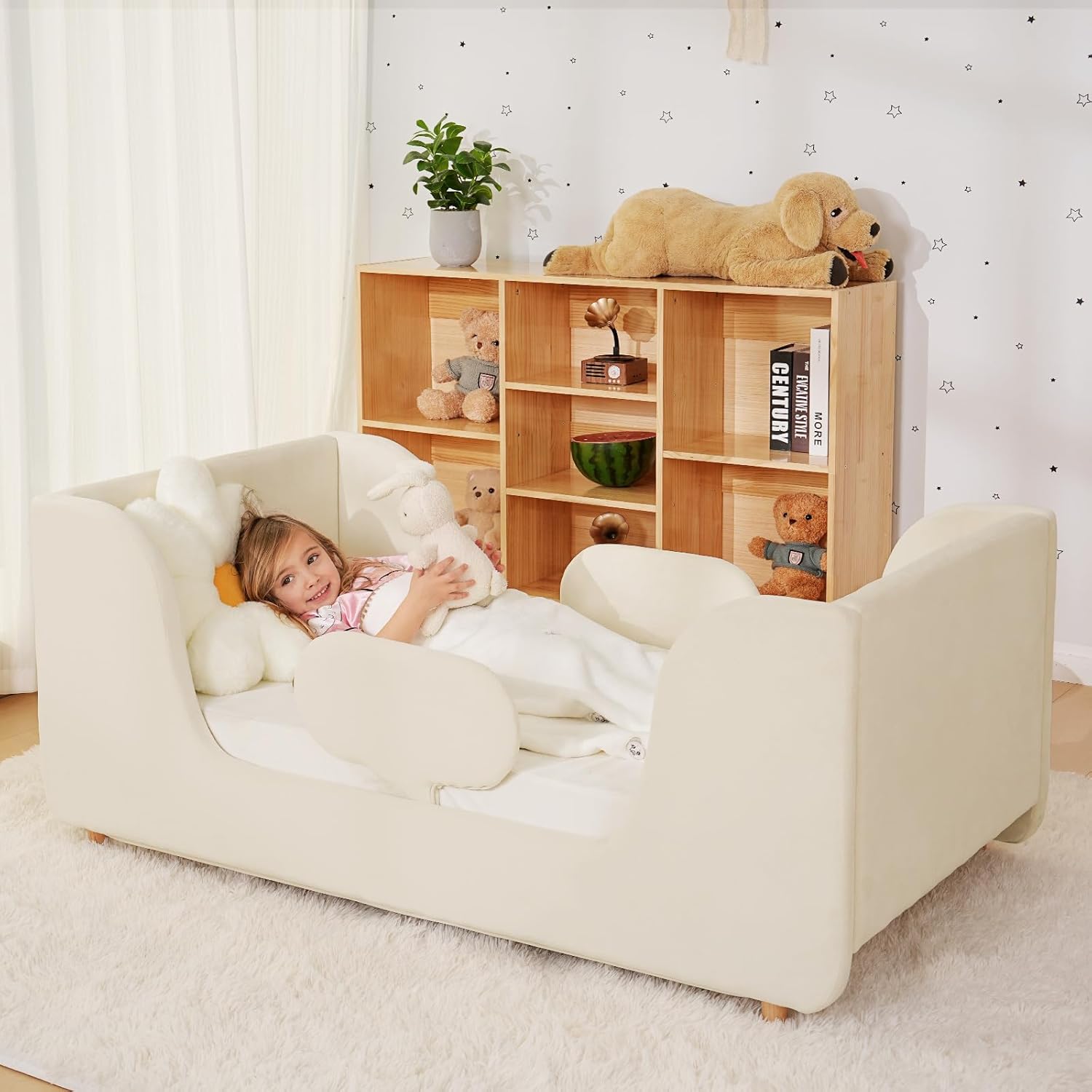 Toddler Bed Frame, Toddler Bed Upholstered, Toddler Floor Bed with Wood Slats and Removable Safety Guardrails, Standard Crib Size Kids Bed for Girl and Boy, White