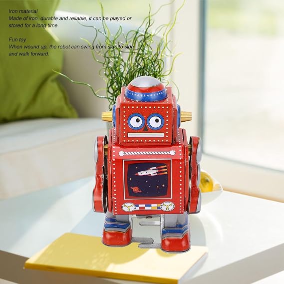 Wind-up Robot Toy, Vintage Metal Tin Robot, Funny Vintage Mechanical Children's Toy, Classic Robot, Clockwork Tin Toy Tabletop Bookshelf Decoration for Cafe Bar Red