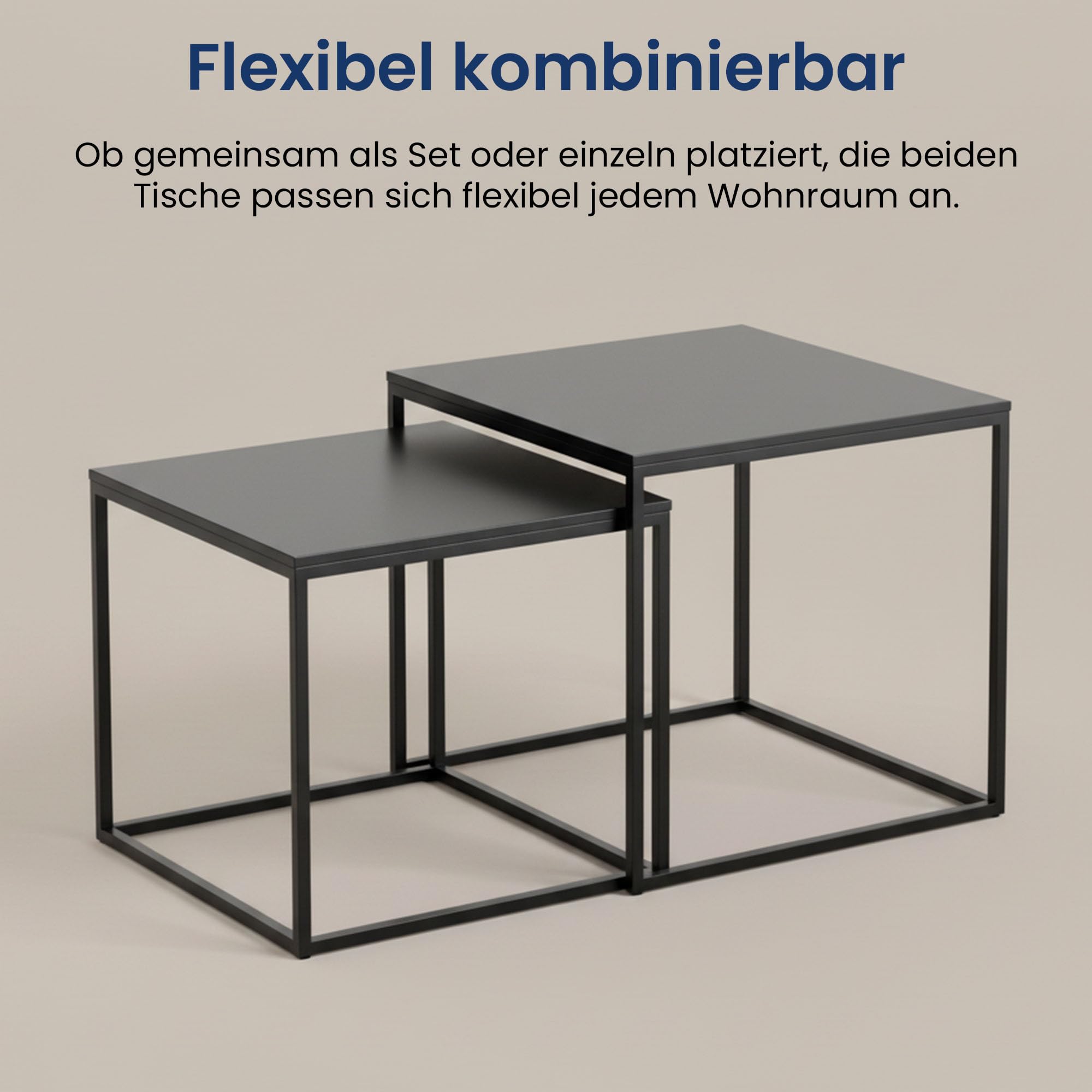 Home Collective Couchtisch 2er Set quadratisch aus Holz, Wohnzimmertisch Modern, Beistelltisch Set 2 in 1 mit Metallgestell für Wohnzimmer Büro Beistelltisch Loft Design Twin | Schwarz