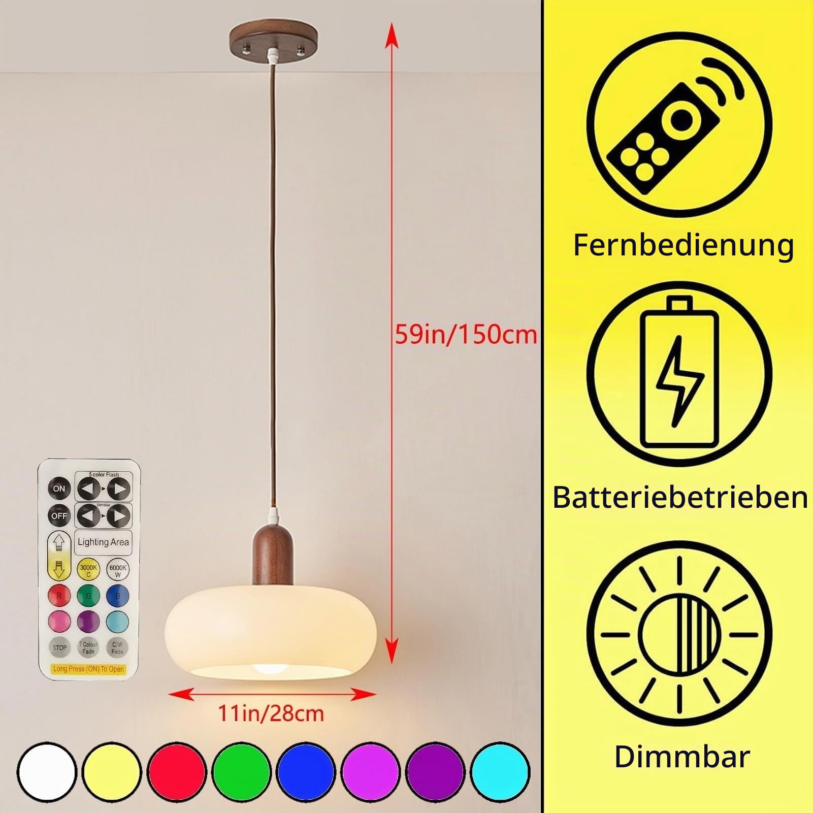 Innen wiederaufladbar Hängelampe mit batterie,Modern Ohne Stromanschluss Hängelampen mit Fernbedienung,Nachttisch-Hängelampe mit RGB-Dimmfunktion,Glaspendelleuchte mit wiederaufladbarer Lichtquelle.(B