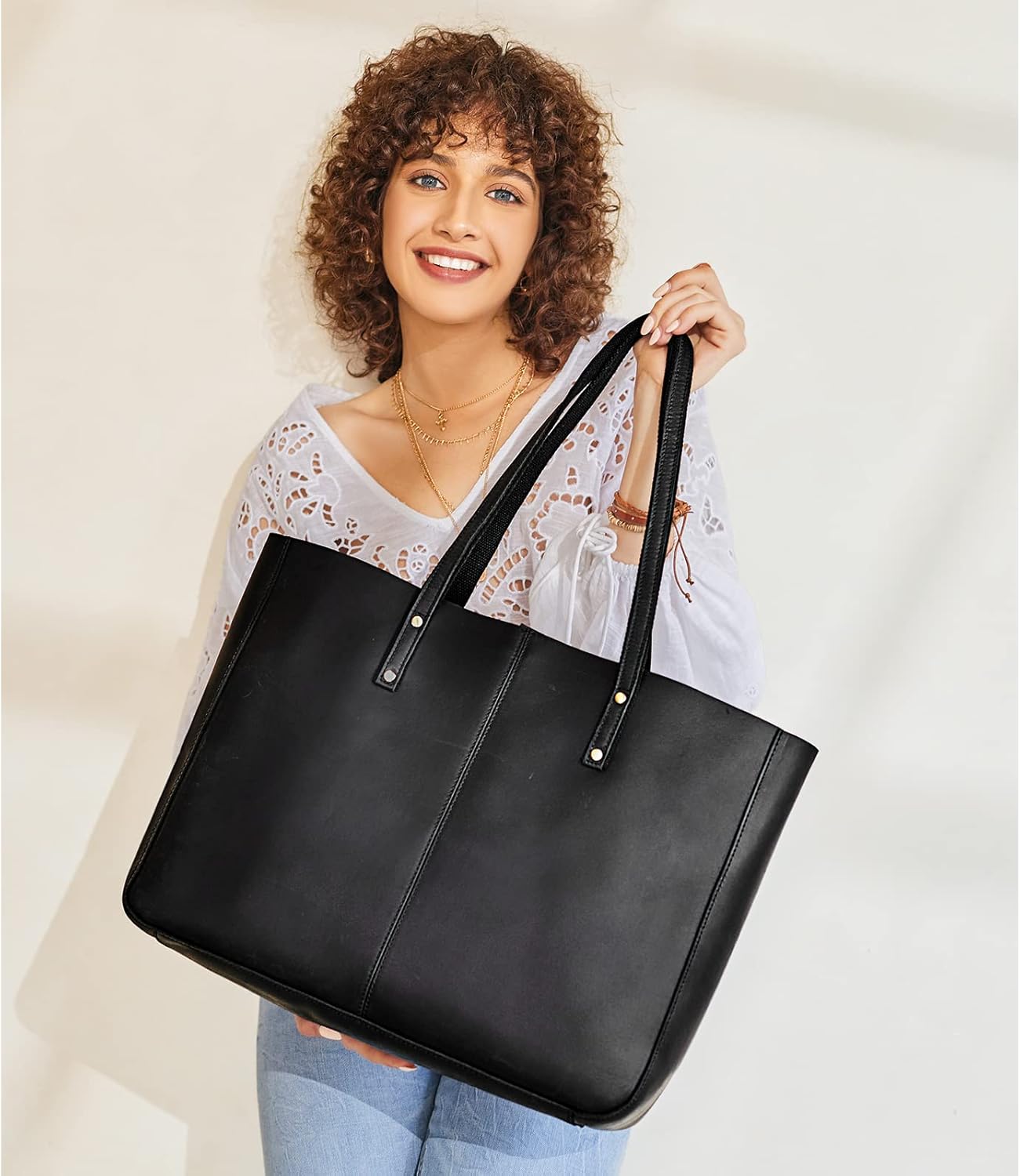 S-ZONE Genuine Leather Shoulder Tote Bag for Women Large Handbag Work Purse | Genuine Leather, Shoulder, Large, Work - Image 2