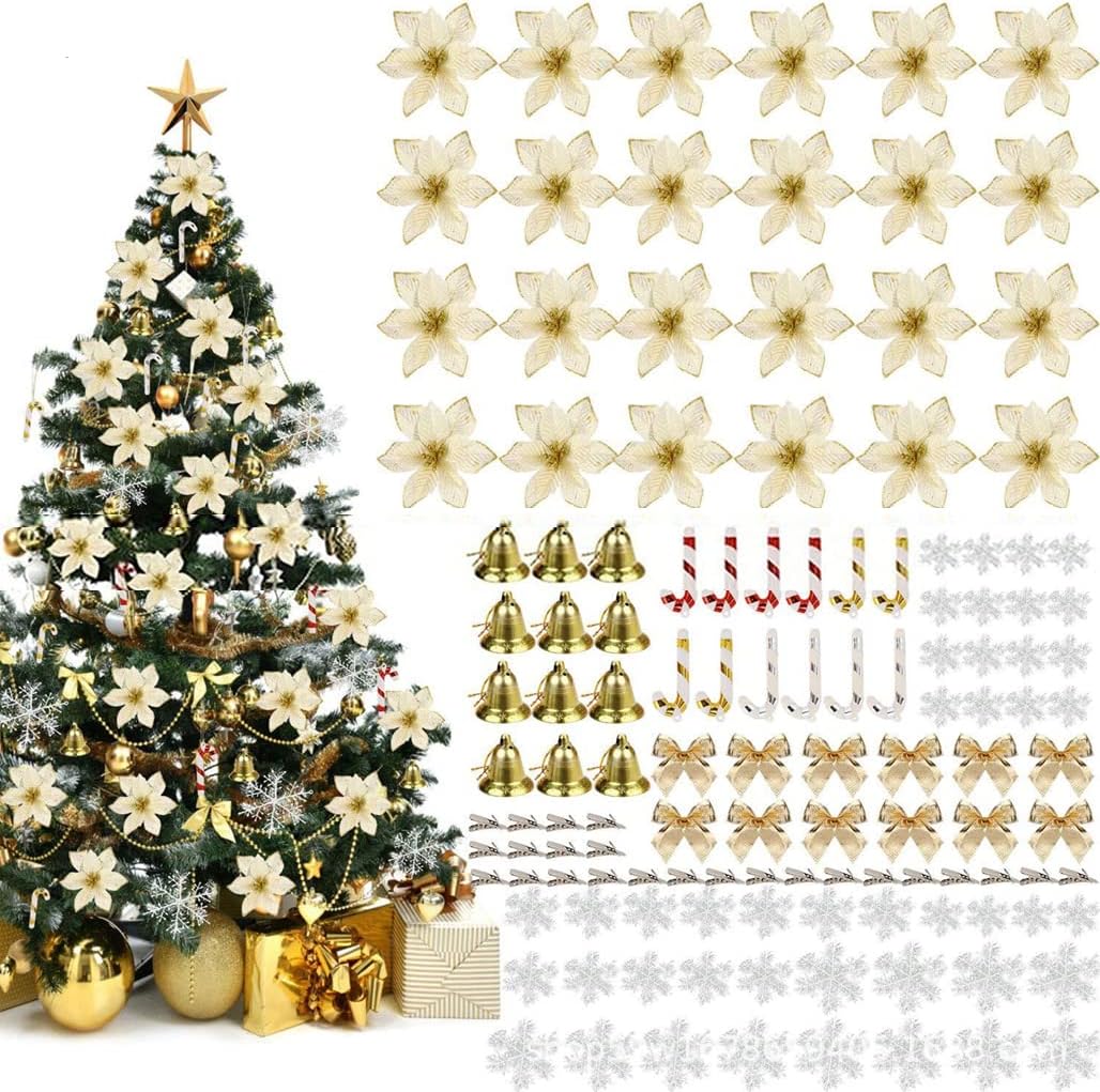 Goodern120 Pieces Christmas Artificial Poinsettia Flower Decoration,DIY Artificial Christmas Tree Flower with Clip Snowflakes Bow Bell Crutches Wedding Glitter Christmas Tree Ornaments-Golden